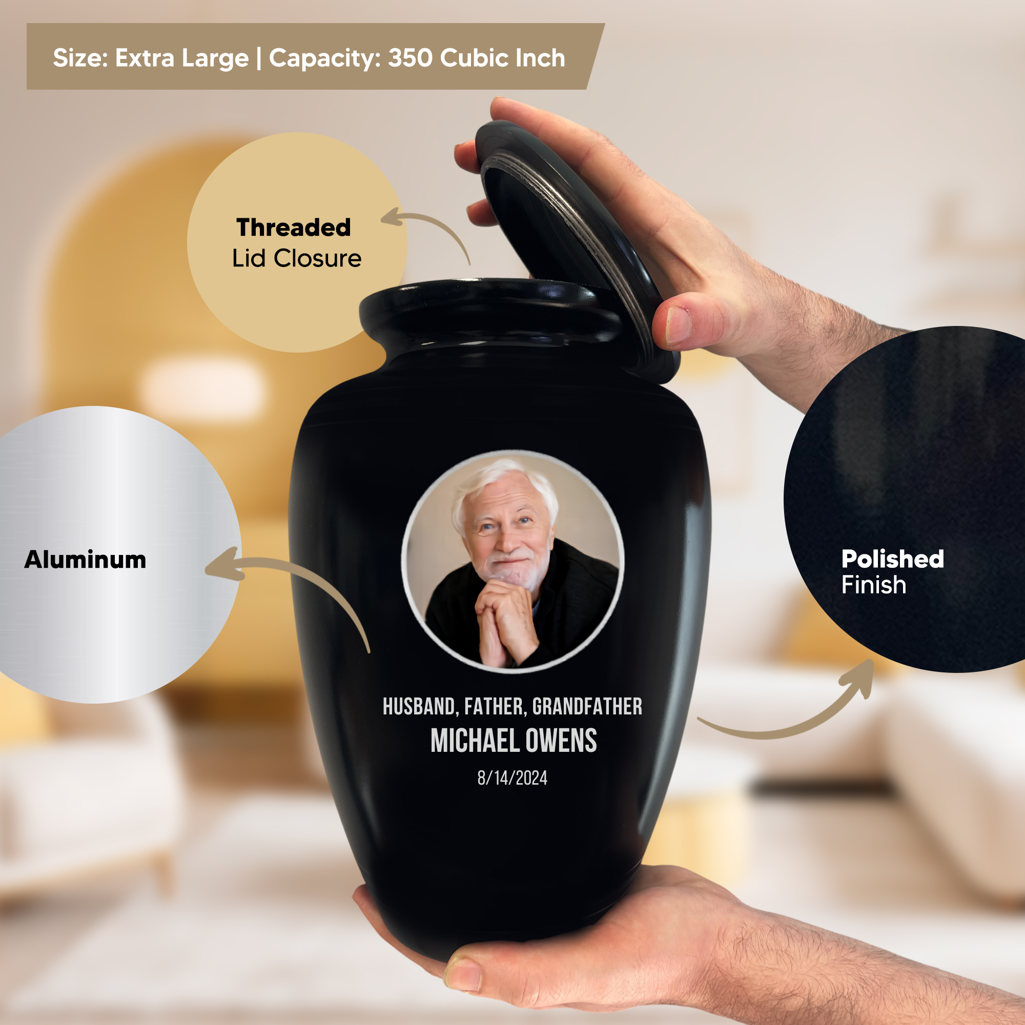 Polished Extra Large Human Cremation Urn 350 Cubic Inch - Engraved Aluminum | Custom Photo