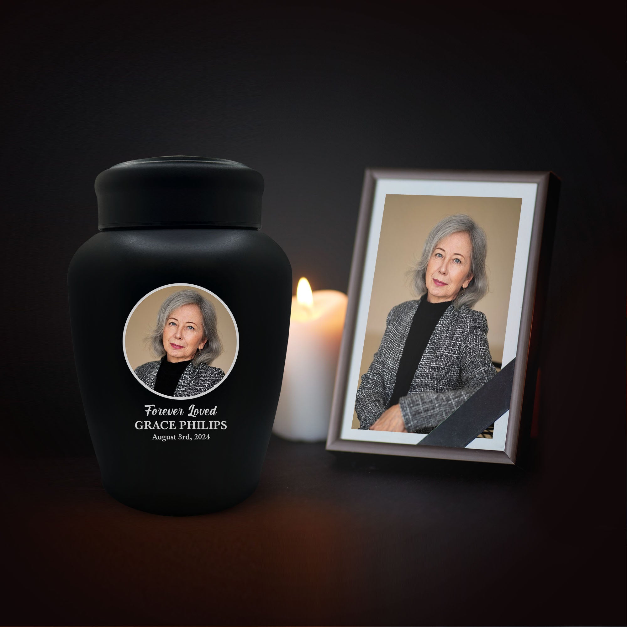 Personalized Custom Photo Human Cremation Urn for Adult Ashes Engraved Stainless Steel Urn Vessel with Full Color Photo | 8.2" x 6.5" Urn for Human Remains Up to 150 Lbs | Black