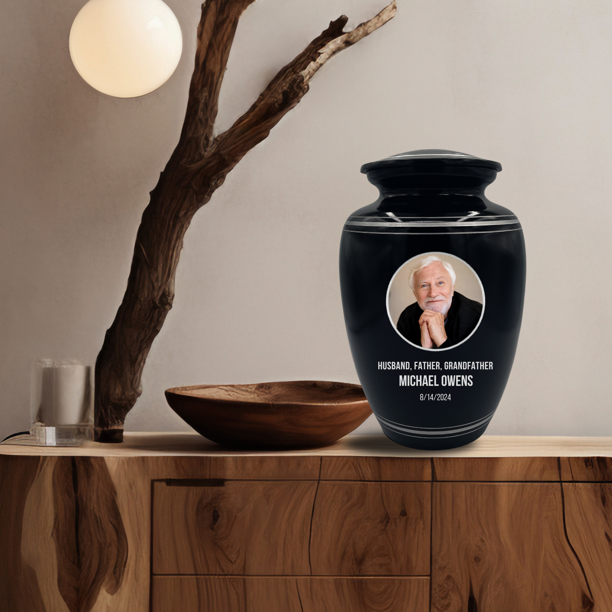 Human Cremation Urn - 350 Cubic Inch Capacity - Black with Silver Rim | Custom Photo