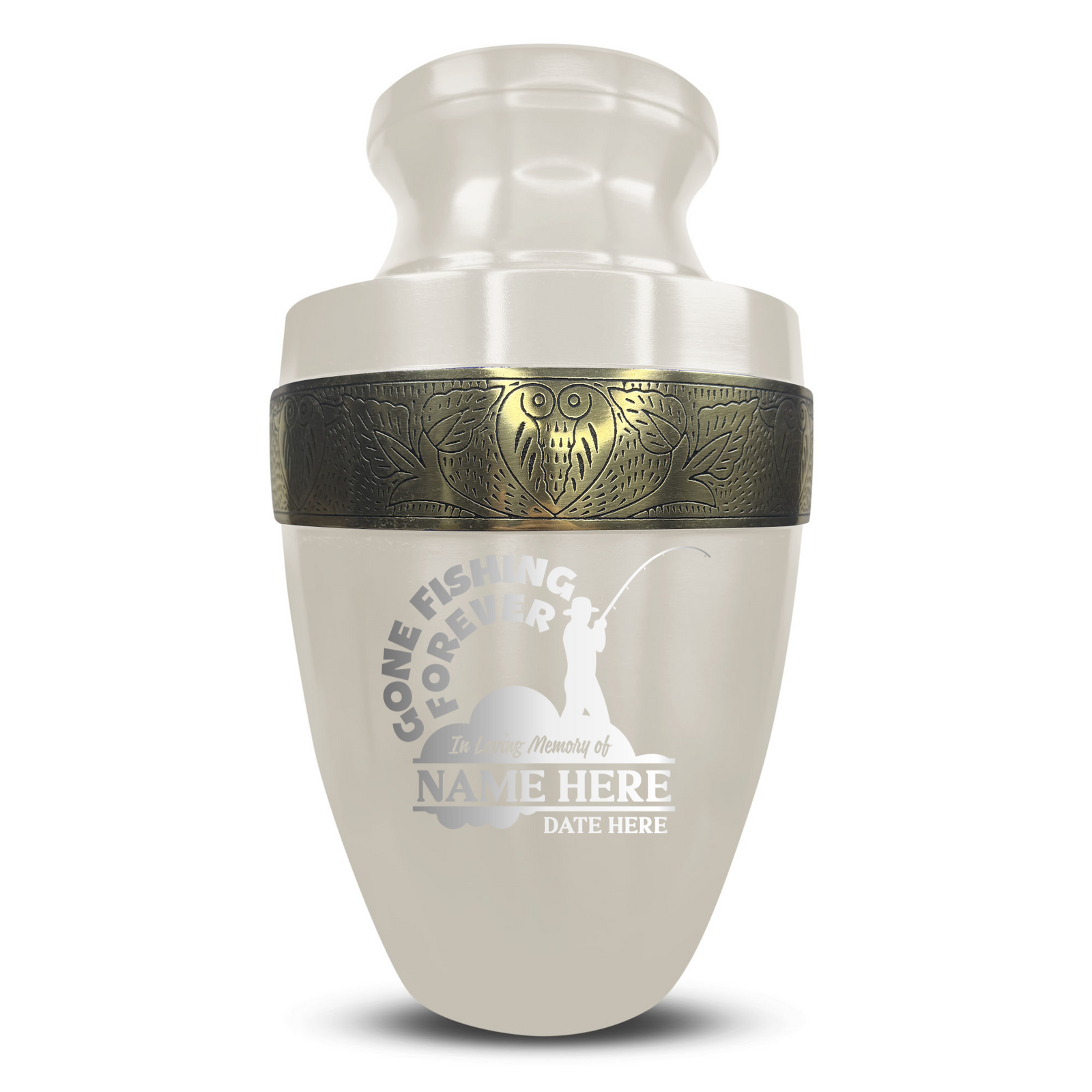 Custom Aluminum Human Urn - Funny Fishing Design - Elite Collection with Gold Inlay - 200 Cubic Inch