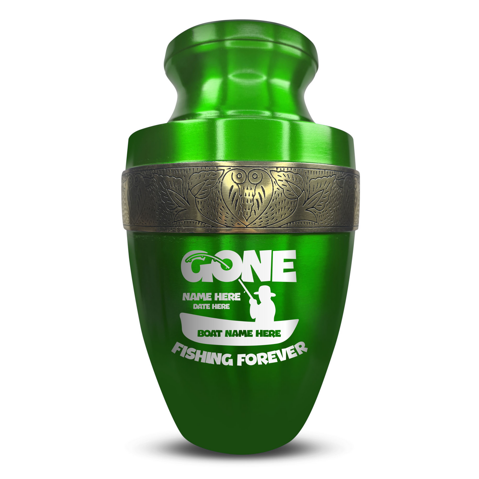Custom Aluminum Human Urn - Funny Fishing Design - Elite Collection with Gold Inlay - 200 Cubic Inch