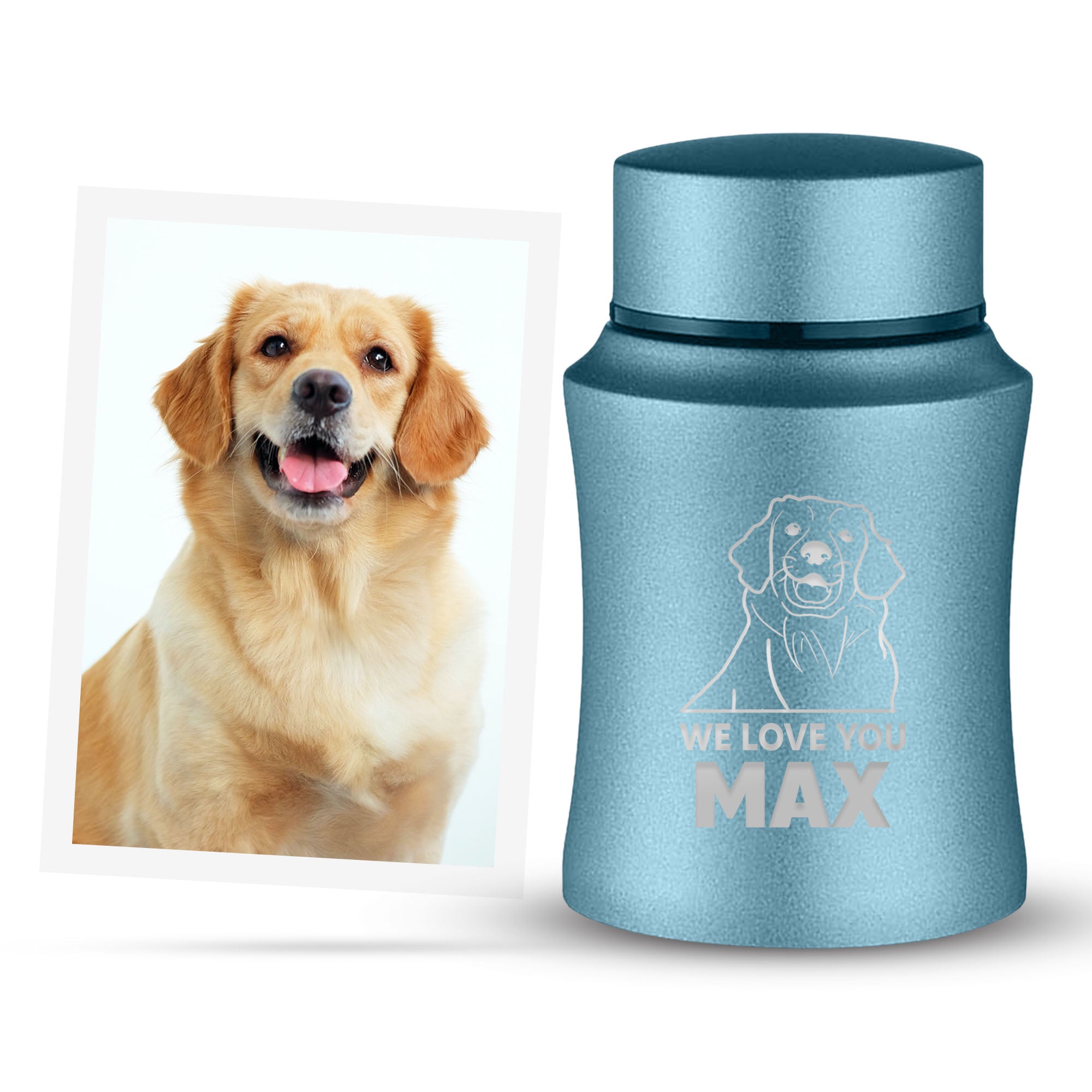 Custom Engraved Pet Photo/Image Pet Memorial Urn - Personalized with Pet Name, Date, and Dog Image - 4" Powder Coated Steel Cremation Mini Compact Urn for Dogs Ashes, Powder Blue | 5–10 Lbs Capacity