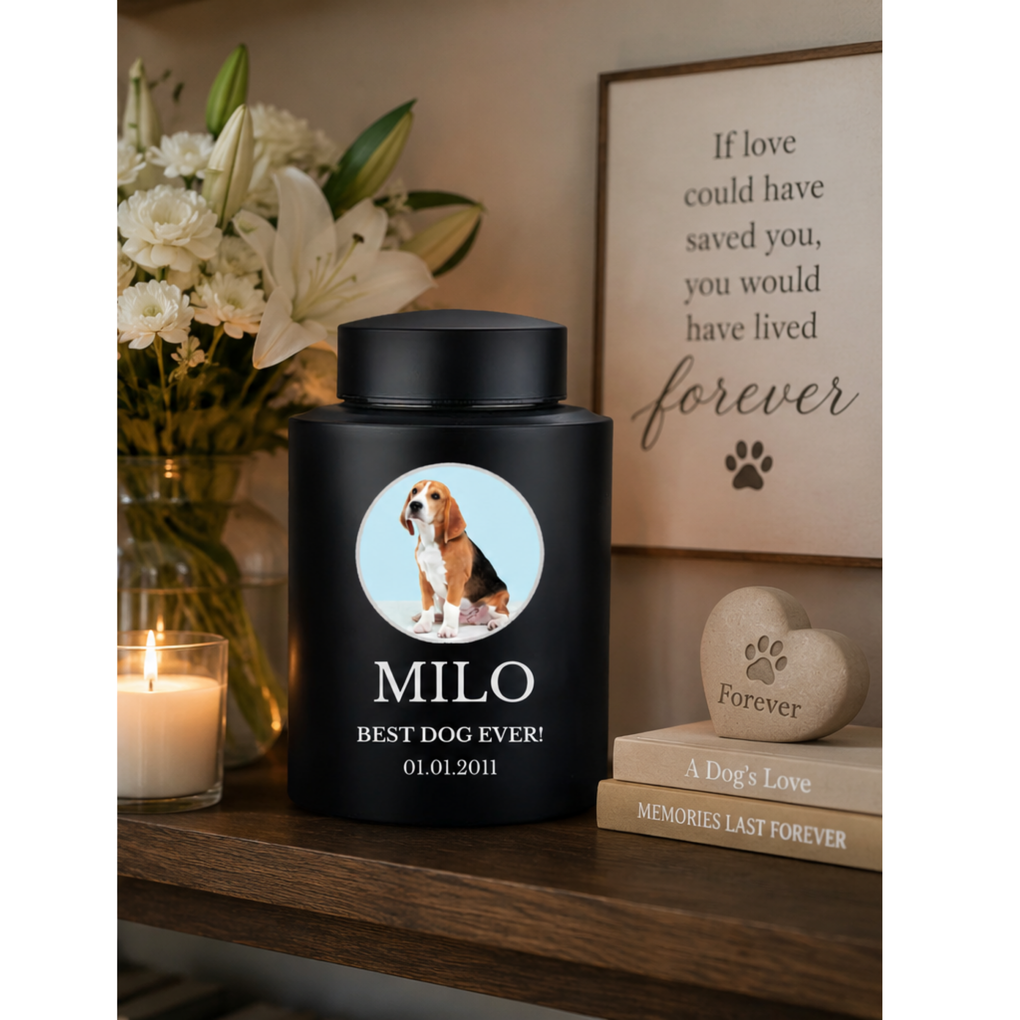 Horizon Dog Cremation Urn – Black Stainless Steel – 115 Cubic Inch | Custom Photo