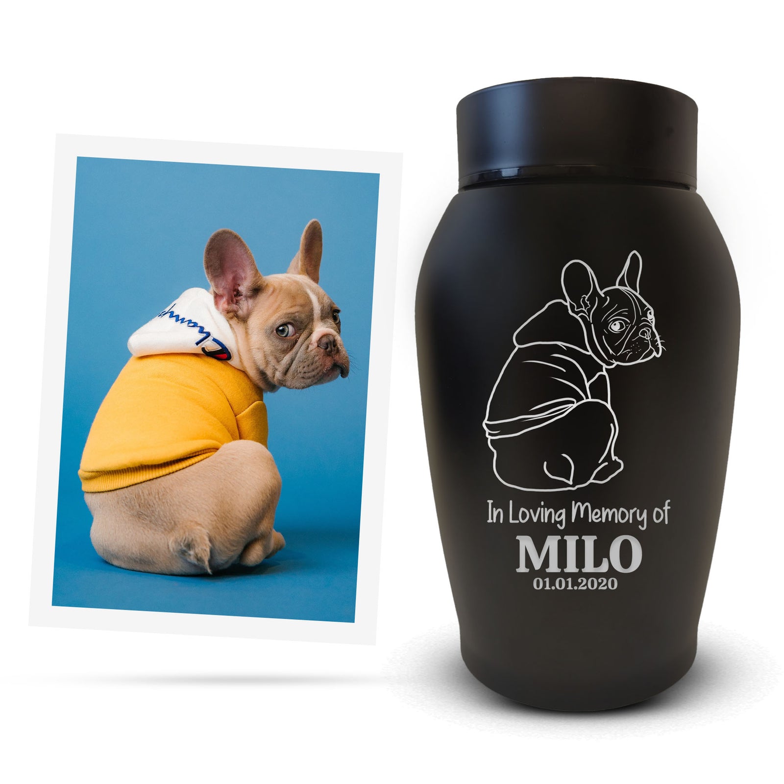 Custom Engraved Pet Memorial Urn: Personalized with Your Pet Photo/Image, Name, and Date - Stainless Steel Cremation Urns for Dogs Ashes with Airtight Closure, Up to 50 Lbs Capacity | Black, 7" x 5"