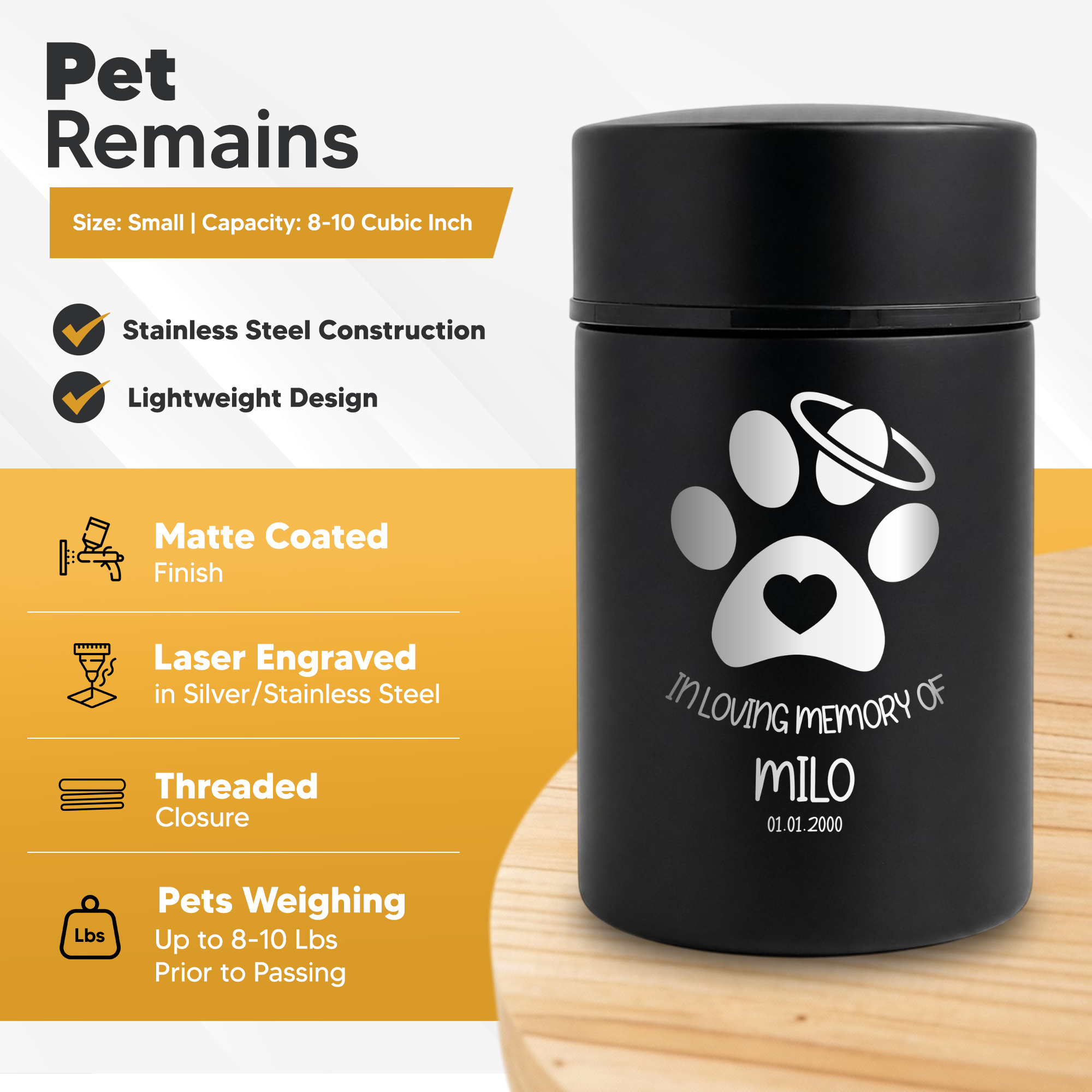 Custom Compact Mini Keepsake Cat Urn - Stainless Steel - Textured Finish - 8 Cubic Inch | Cat Memorial