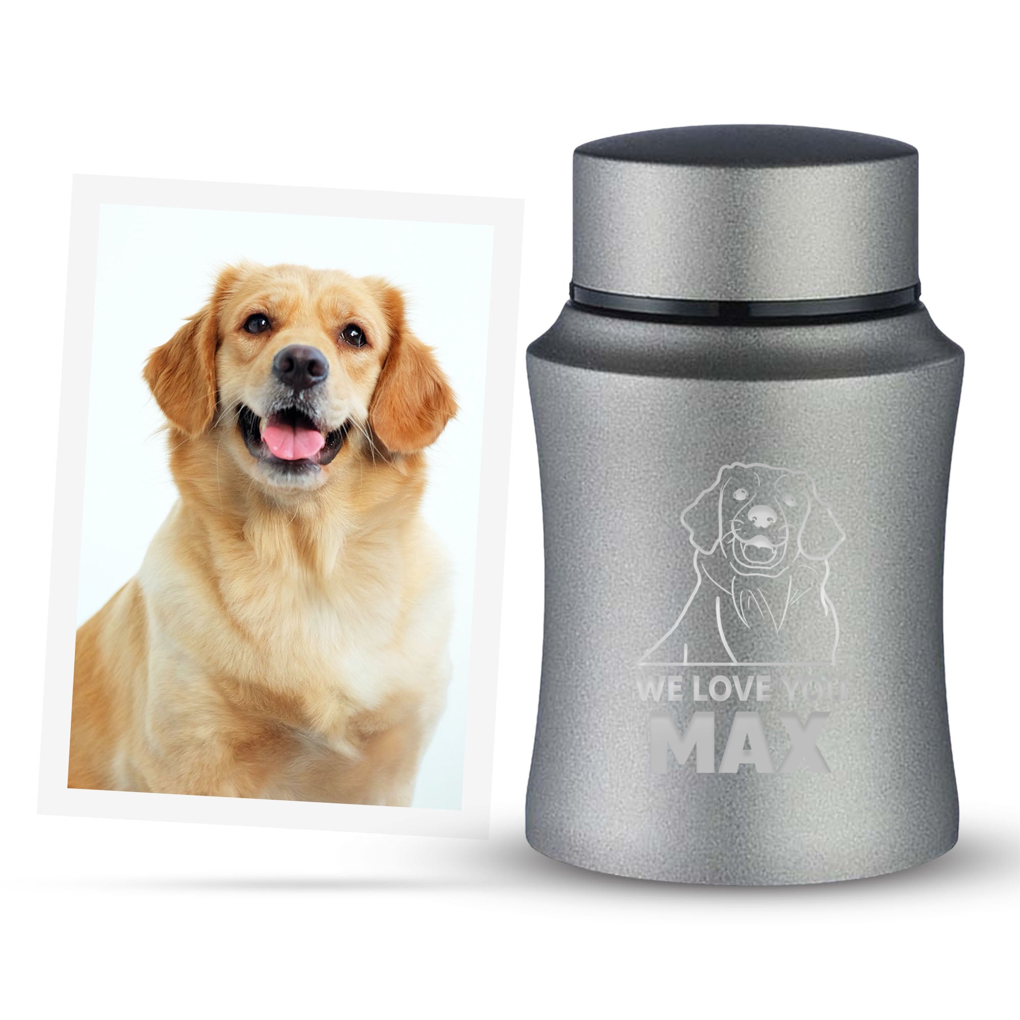 Custom Engraved Pet Photo/Image Pet Memorial Urn - Personalized with Pet Name, Date, and Dog Image - 4" Powder Coated Steel Cremation Mini Compact Urn for Dogs Ashes, Gray | 5–10 Lbs Capacity