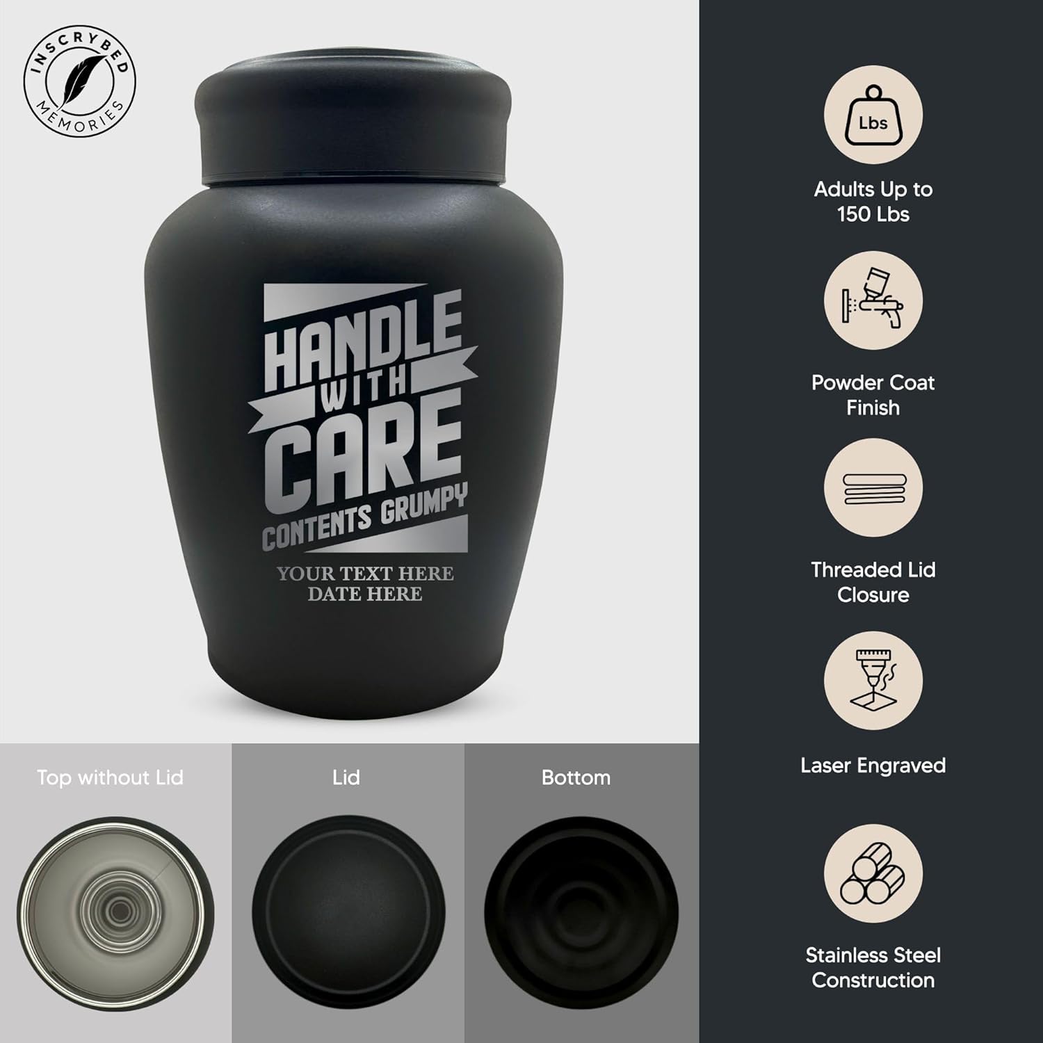 Personalized Stainless Steel Human Urn - 150 lbs - Funny Handle with Care Design