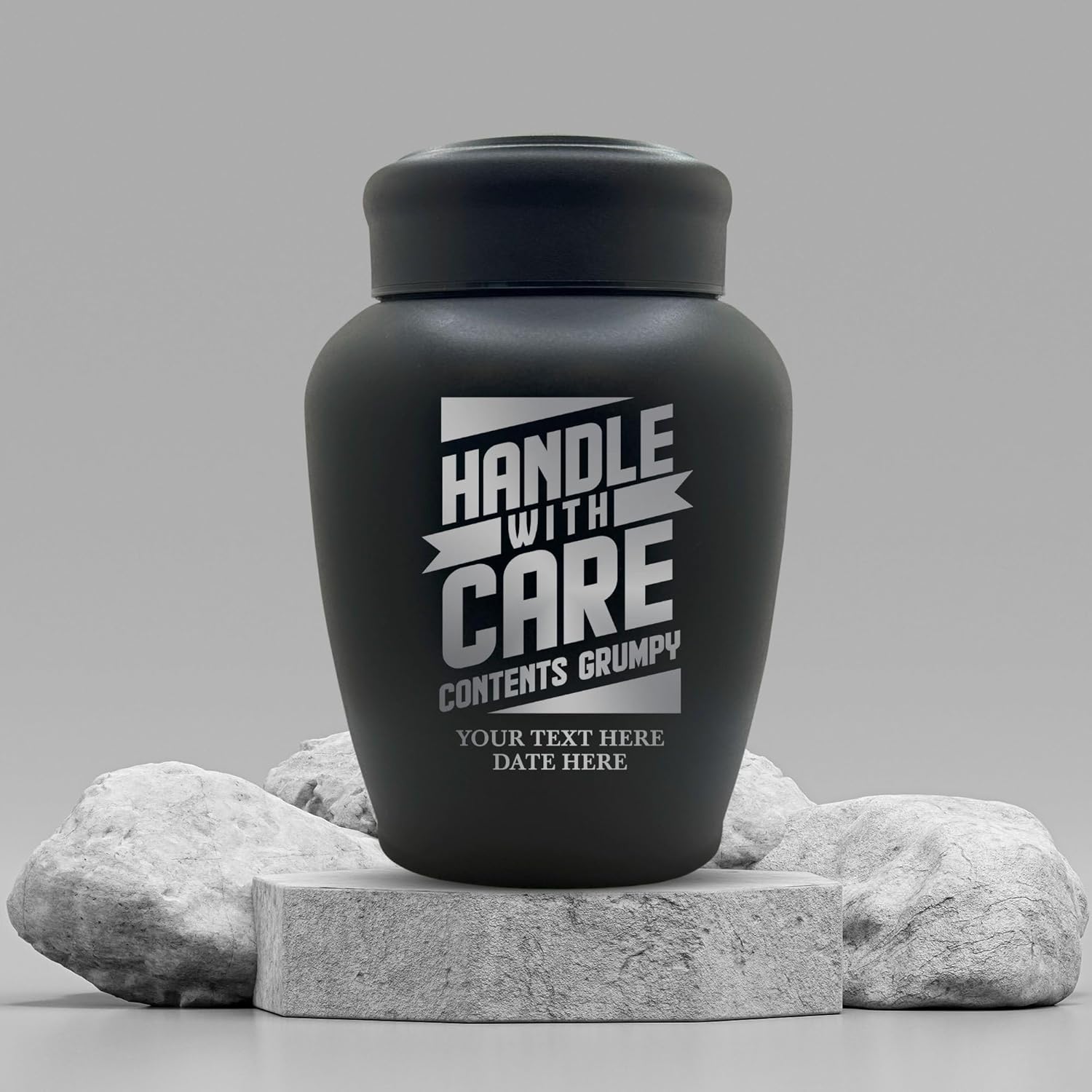Personalized Stainless Steel Human Urn - 150 lbs - Funny Handle with Care Design