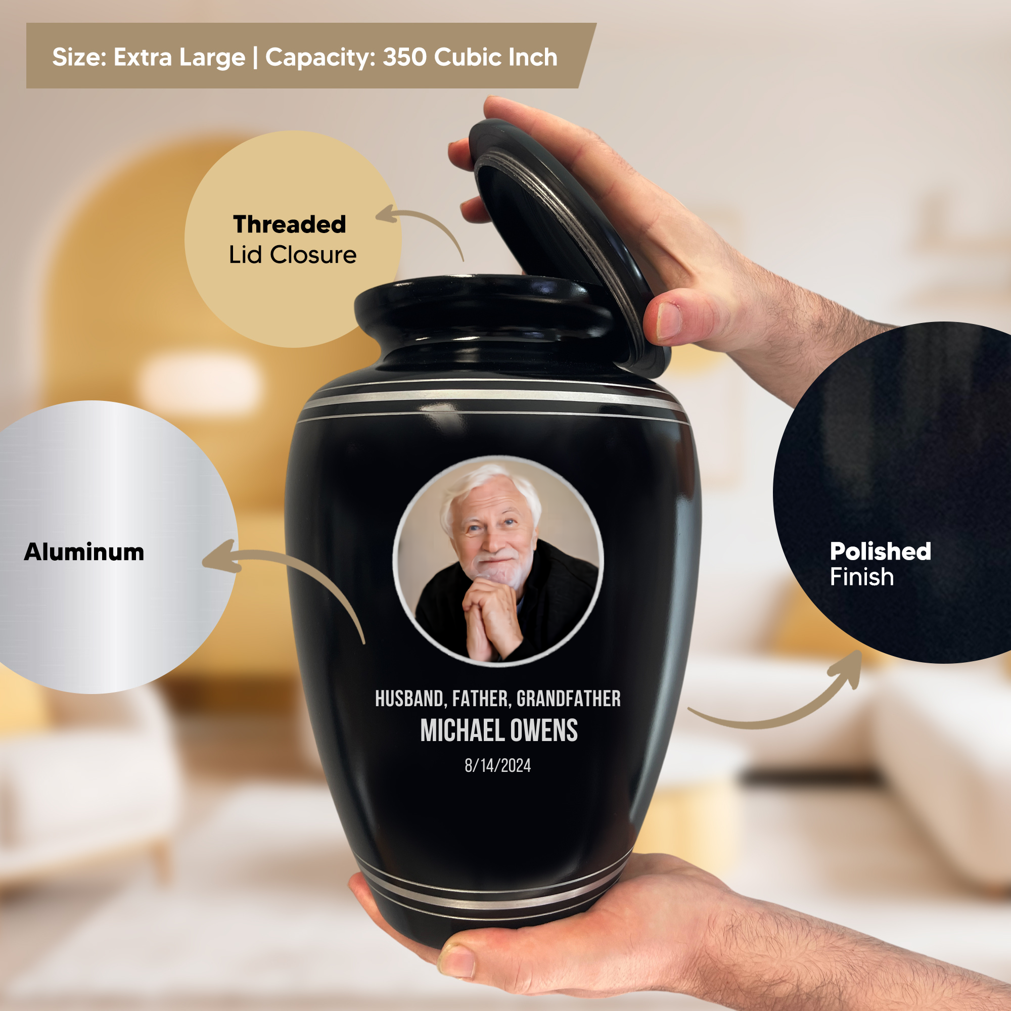 Human Cremation Urn - 350 Cubic Inch Capacity - Black with Silver Rim | Custom Photo