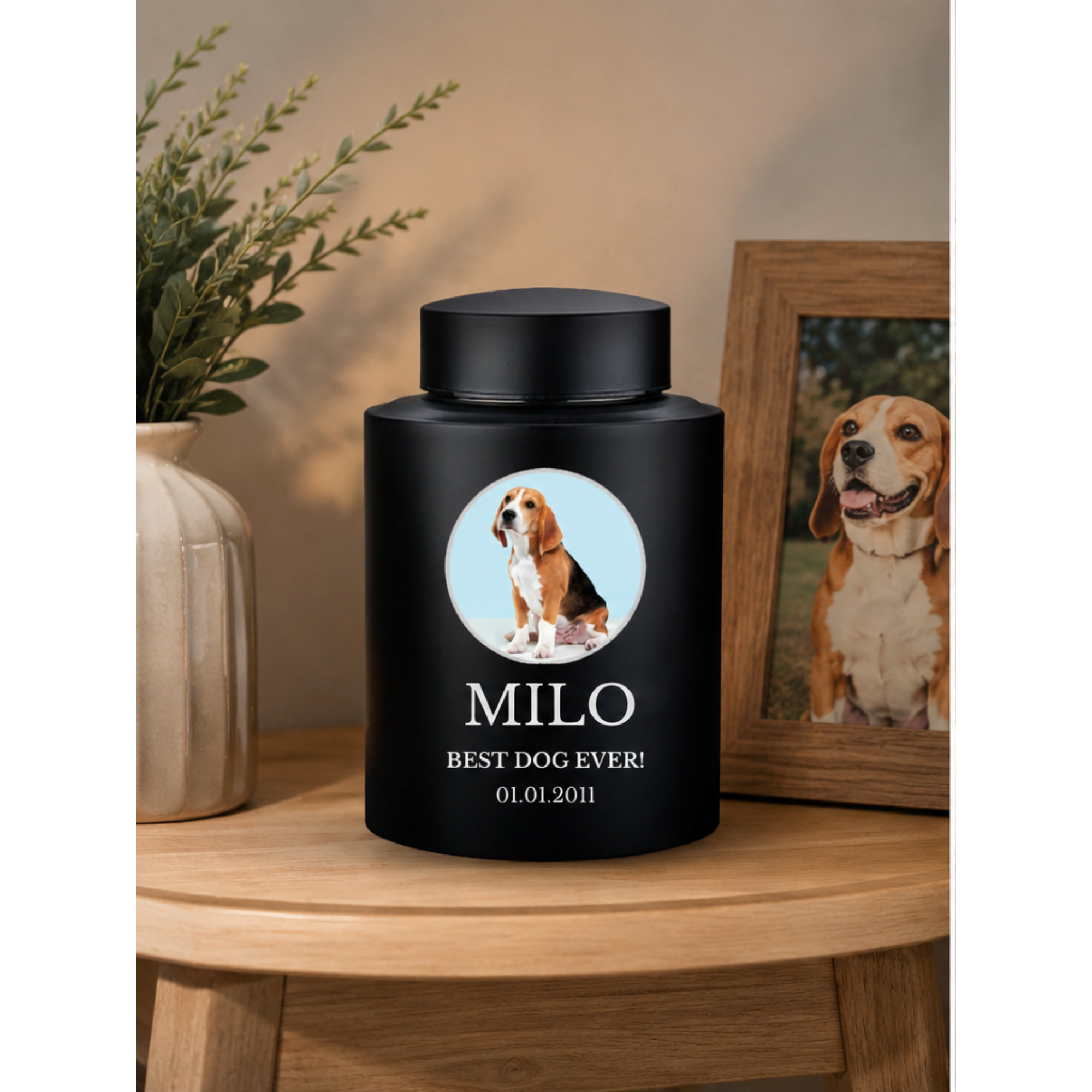 Horizon Dog Cremation Urn – Black Stainless Steel – 115 Cubic Inch | Custom Photo
