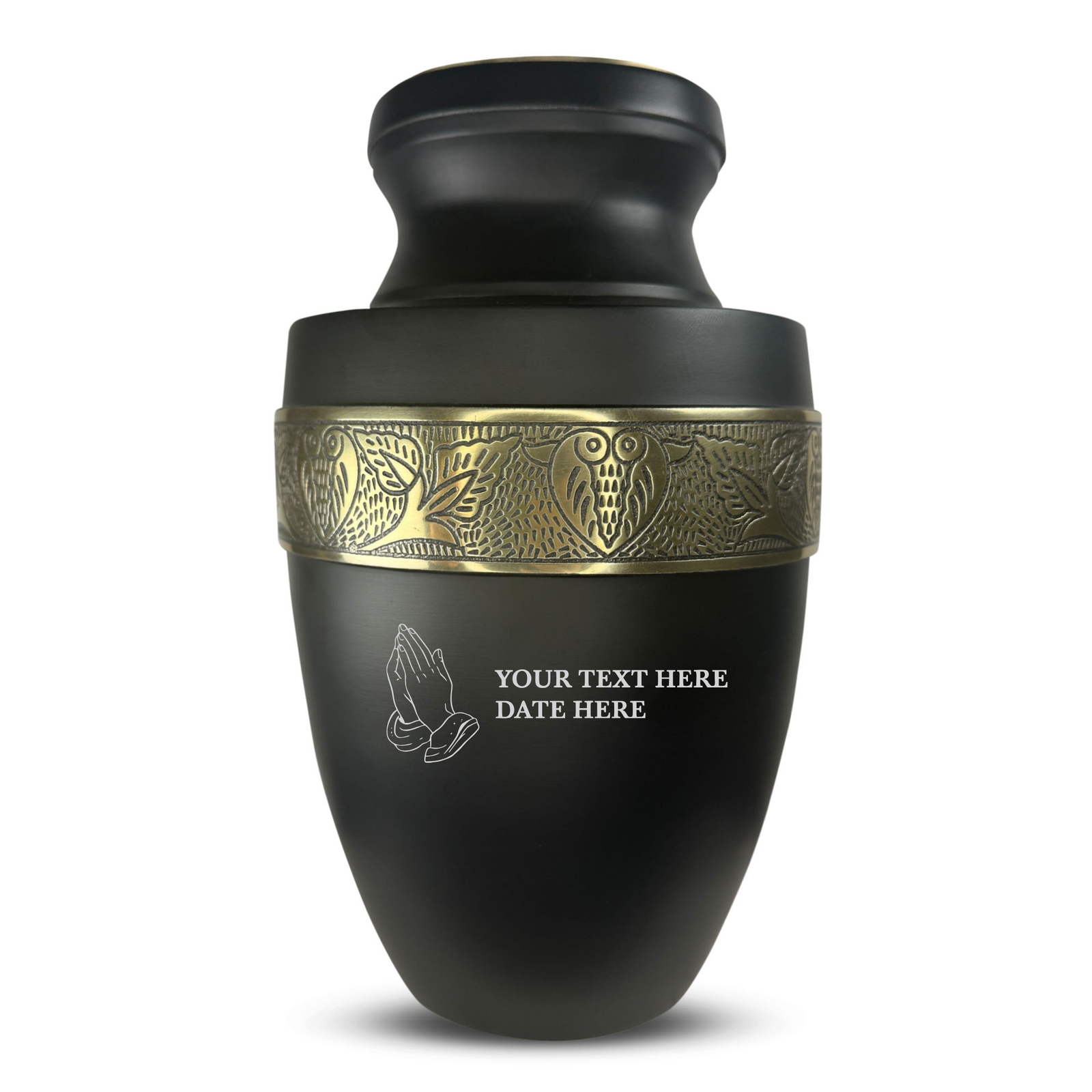Elite Human Cremation Urn – 200 Cubic Inch – Aluminum with Gold Inlay | Praying Hands