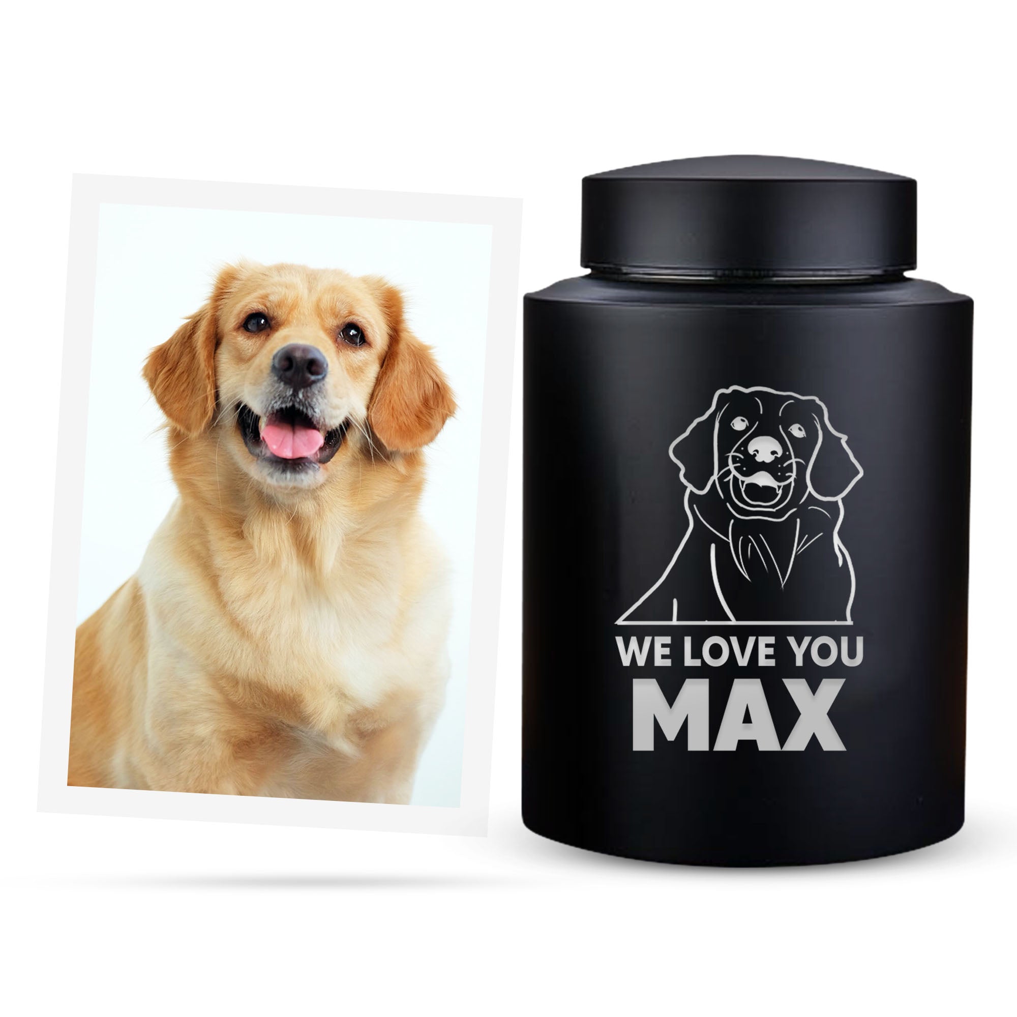 Custom Engraved Large Pet Memorial Dog Urn with Personalized Photo/Image - Round Powder Coated Steel Urns for Dogs Ashes, Pet Size 90-115 lbs | Name, Date, and Text Engraving Included | (Black)