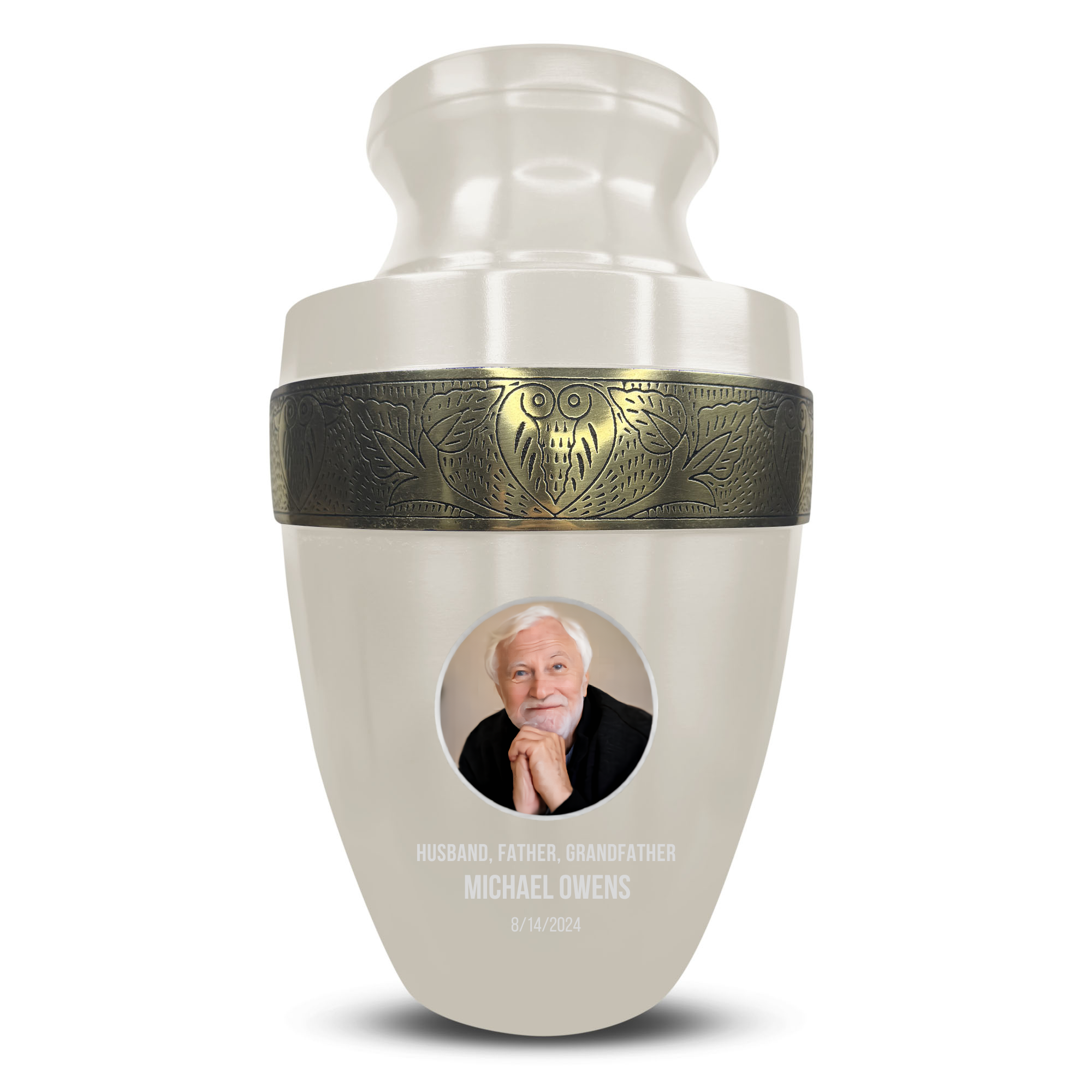 Elite Human Cremation Urn - 200 Cubic Inch - Aluminum with Gold Inlay | Custom Photo