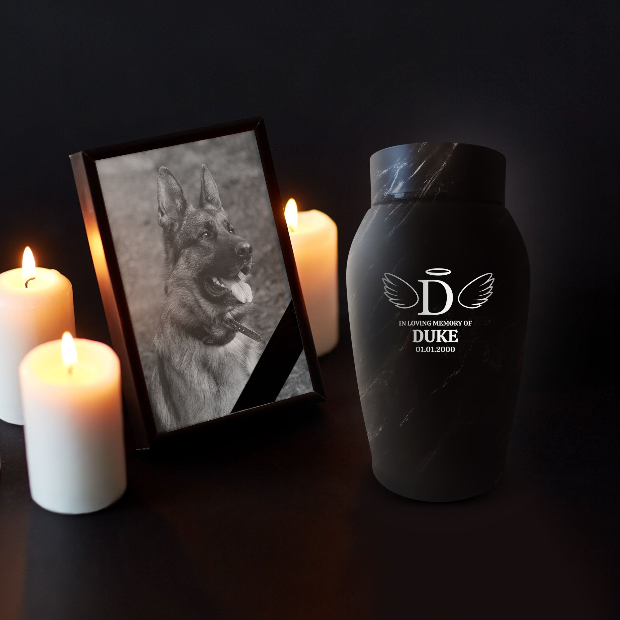 Personalized Faux Marble Dog Urn: Engraved Dog Name and Date - Stainless Steel Cremation Urns for Dog Ashes with Airtight Closure | Black