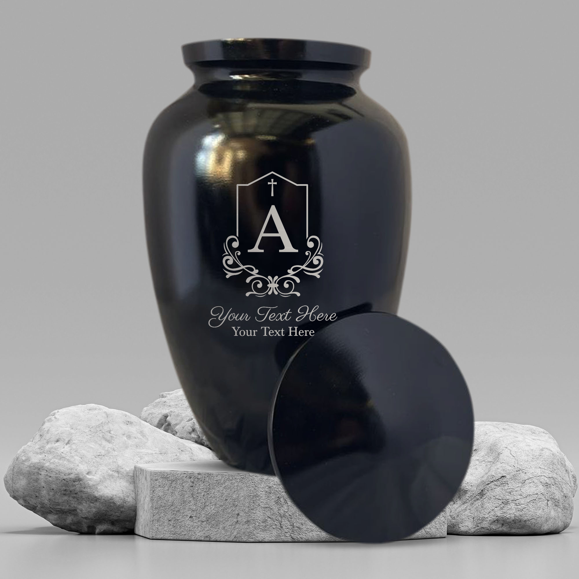 Extra Large Human Cremation Urn For Adult Ashes Men & Woman Up to 350 Lbs - Engraved Aluminum Urn with Name & Headstone Shape 1 Design - Polished Finish urn for Human Remains | Black