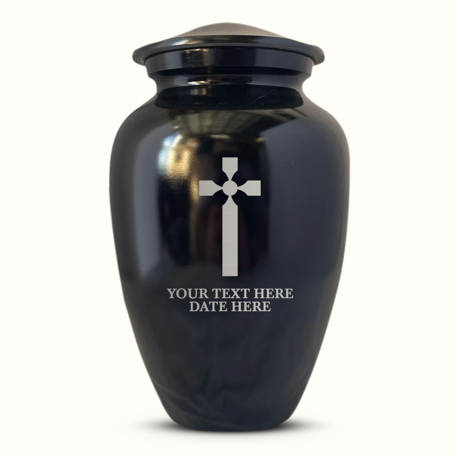 Extra Large Human Cremation Urn For Adult Ashes Men & Woman Up to 350 Lbs - Engraved Aluminum Urn with Name & Memorial Cross Design - Polished Finish urn for Human Remains | Black