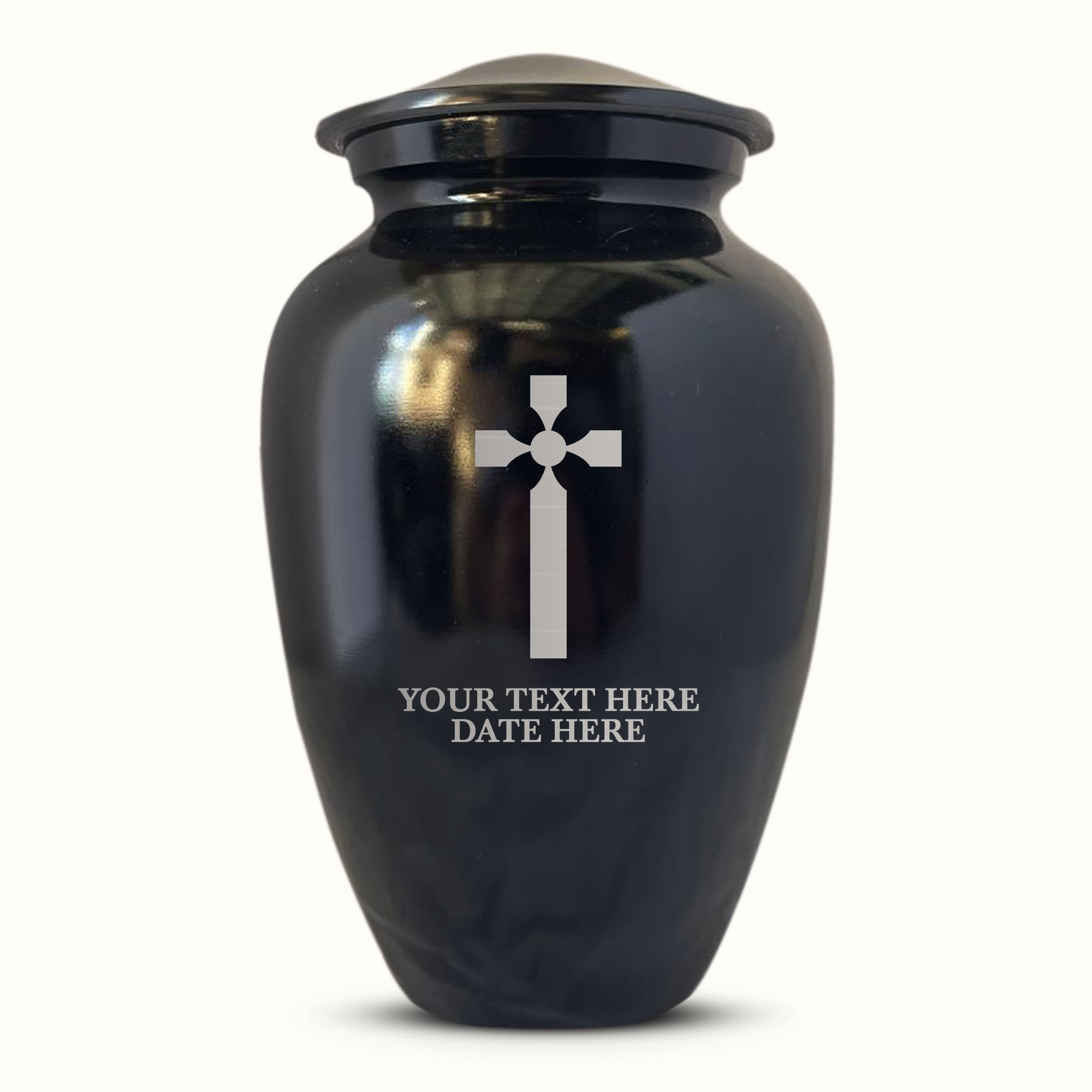 Extra Large Human Cremation Urn For Adult Ashes Men & Woman Up to 350 Lbs - Engraved Aluminum Urn with Name & Memorial Cross Design - Polished Finish urn for Human Remains | Black