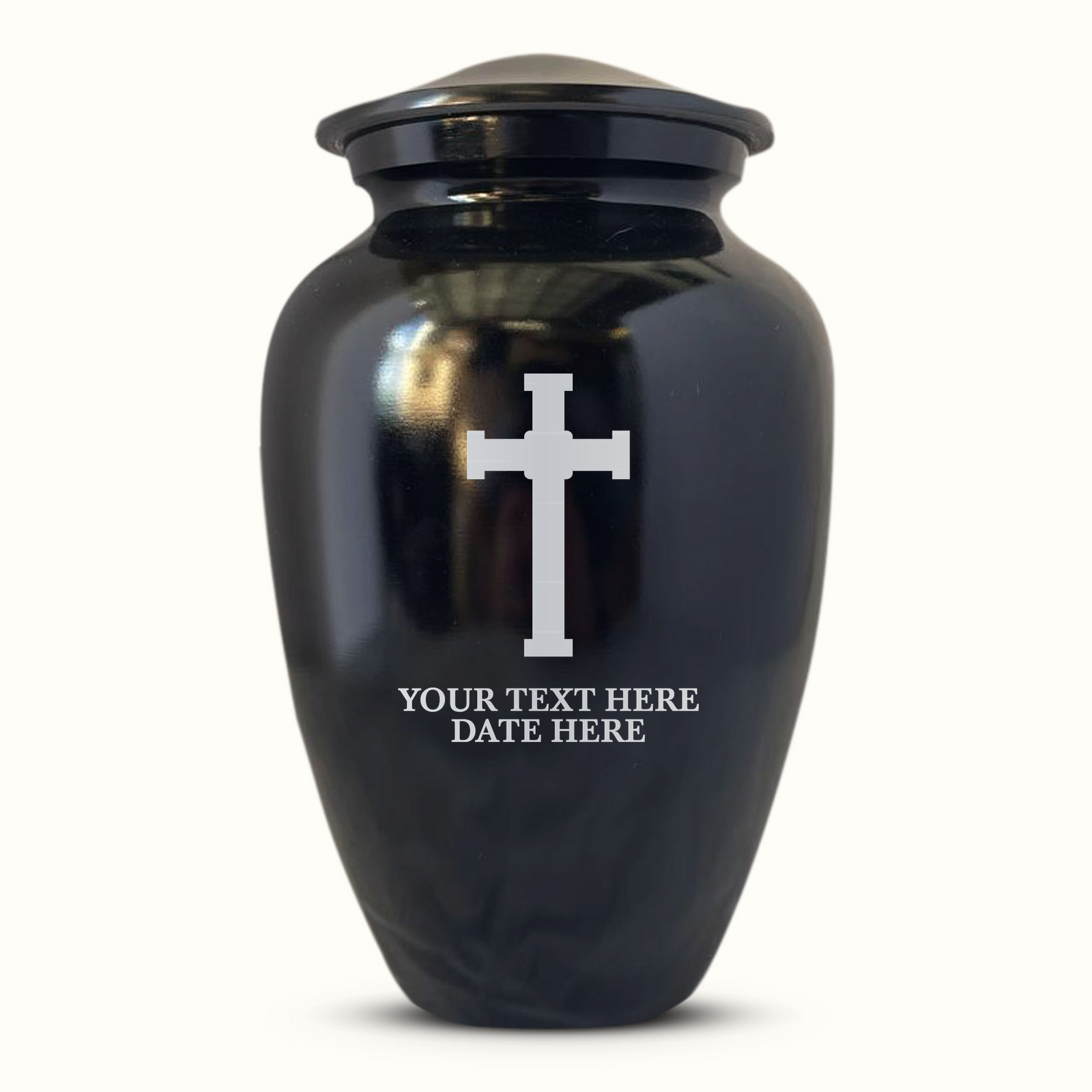 Extra Large Human Cremation Urn For Adult Ashes Men & Woman Up to 350 Lbs - Engraved Aluminum Urn with Name & Memorial Cross Design - Polished Finish urn for Human Remains | Black