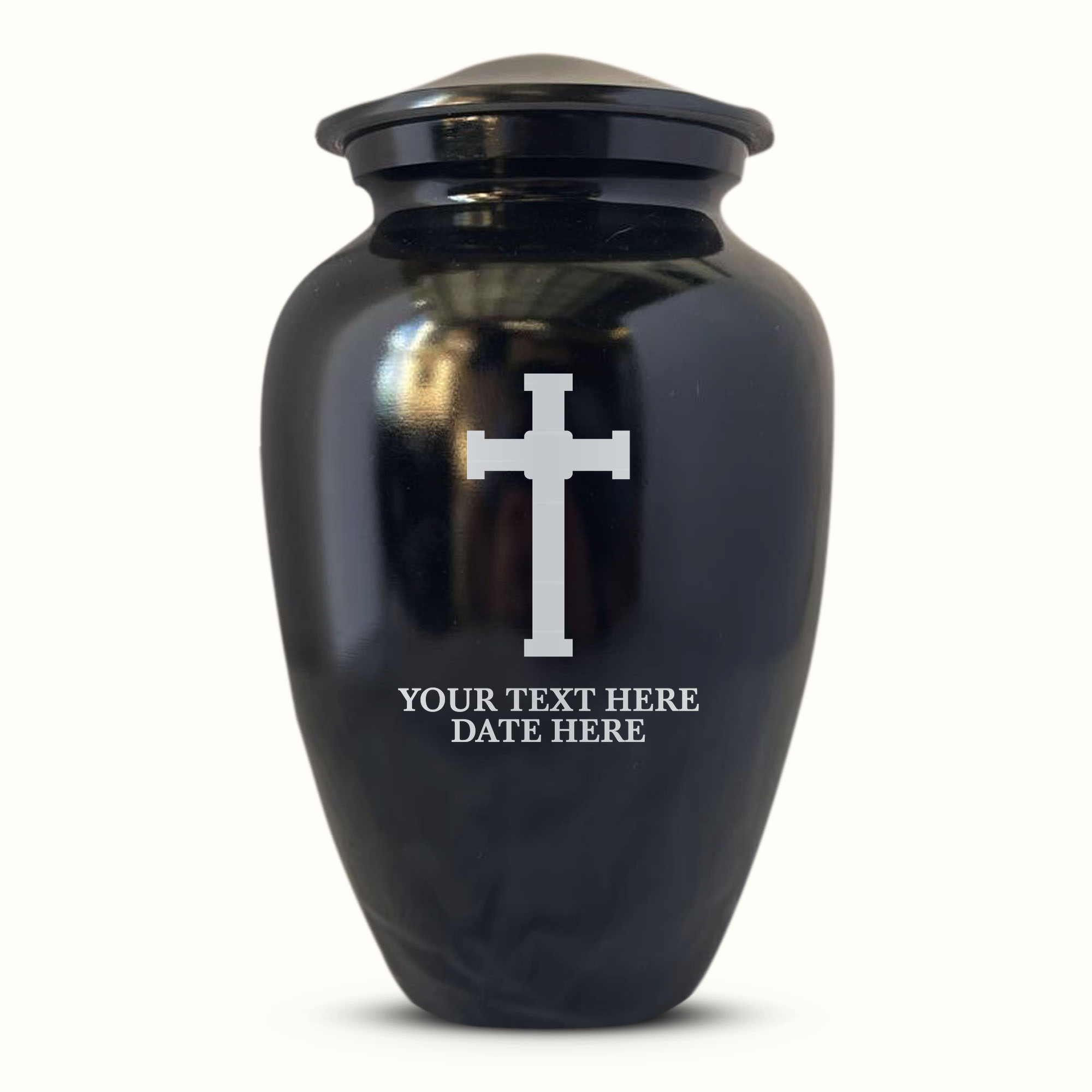 Extra Large Human Cremation Urn For Adult Ashes Men & Woman Up to 350 Lbs - Engraved Aluminum Urn with Name & Memorial Cross Design - Polished Finish urn for Human Remains | Black