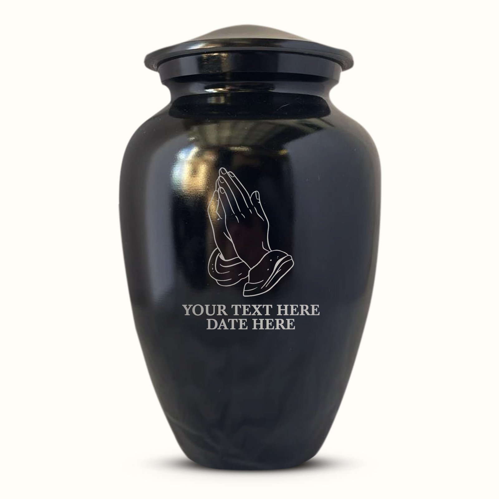 Extra Large Human Cremation Urn For Adult Ashes Men & Woman Up to 350 Lbs - Engraved Aluminum Urn with Name & Praying Hand Design - Polished Finish urn for Human Remains | Black