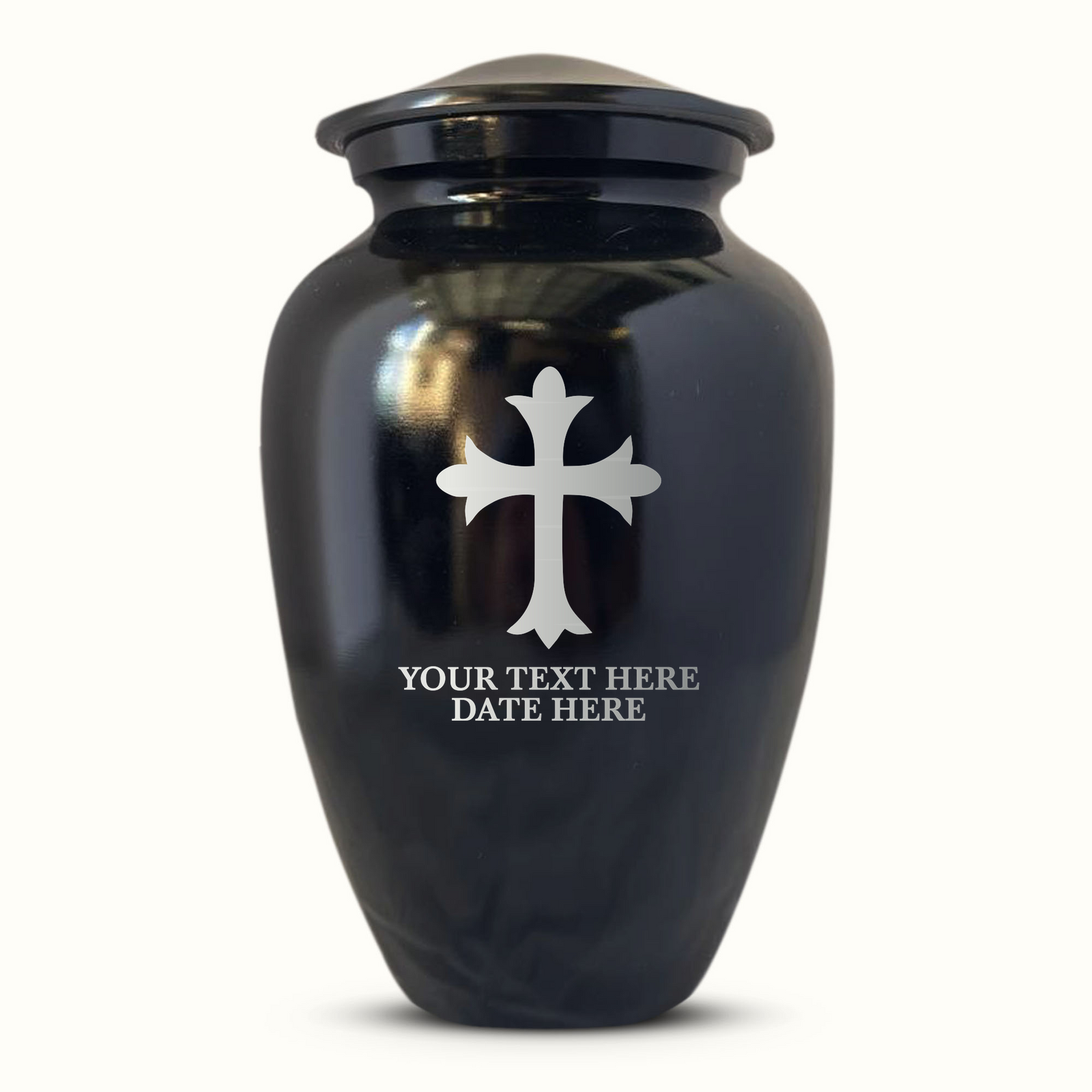 Extra Large Human Cremation Urn For Adult Ashes Men & Woman Up to 350 Lbs - Engraved Aluminum Urn with Name & Memorial Cross Design - Polished Finish urn for Human Remains | Black
