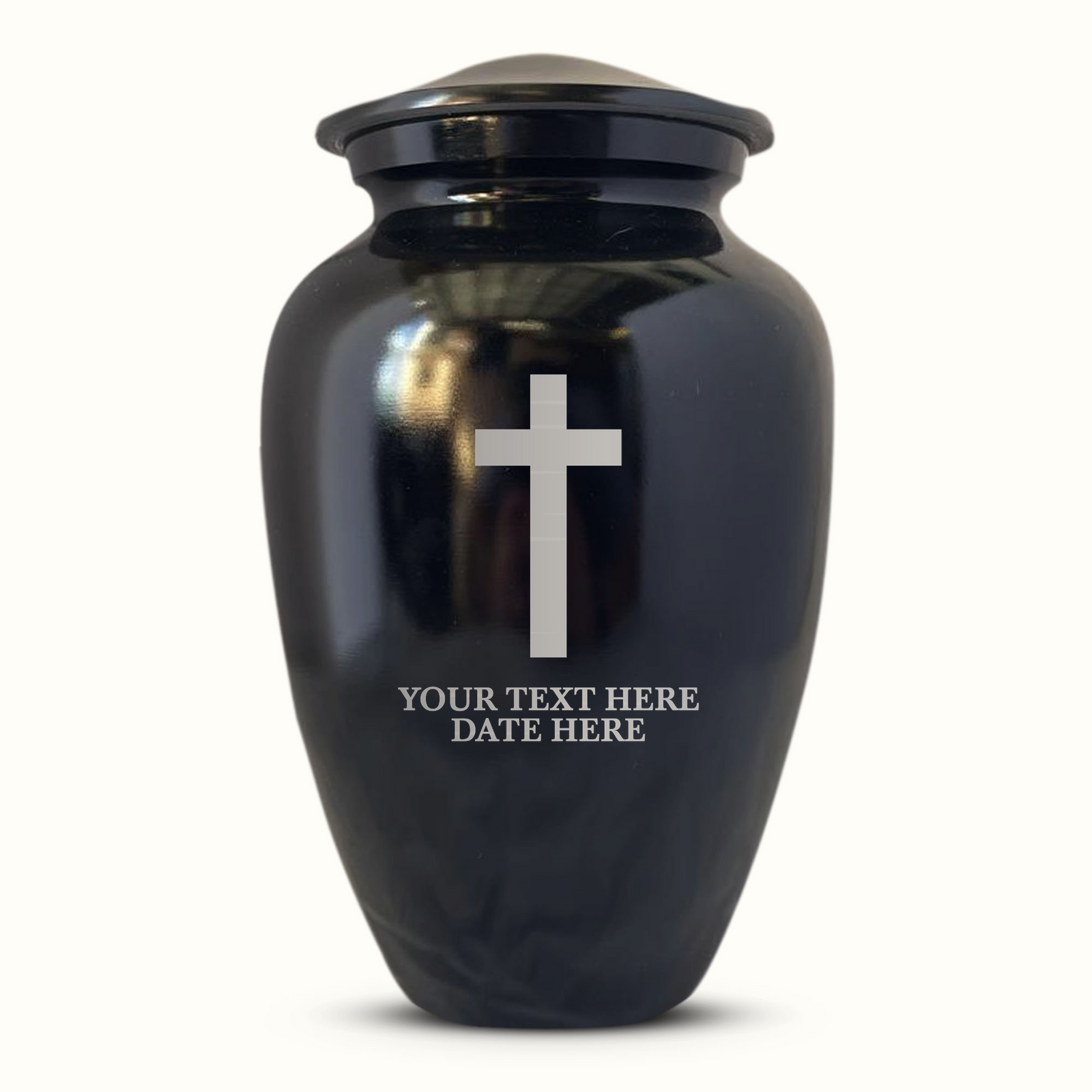 Extra Large Human Cremation Urn For Adult Ashes Men & Woman Up to 350 Lbs - Engraved Aluminum Urn with Name & Memorial Cross Design - Polished Finish urn for Human Remains | Black