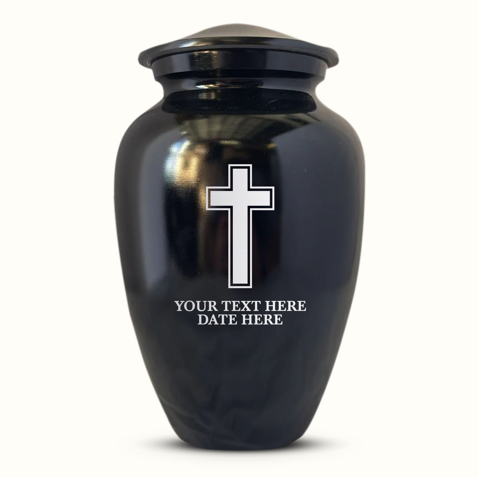 Extra Large Human Cremation Urn For Adult Ashes Men & Woman Up to 350 Lbs - Engraved Aluminum Urn with Name & Memorial Cross Design - Polished Finish urn for Human Remains | Black