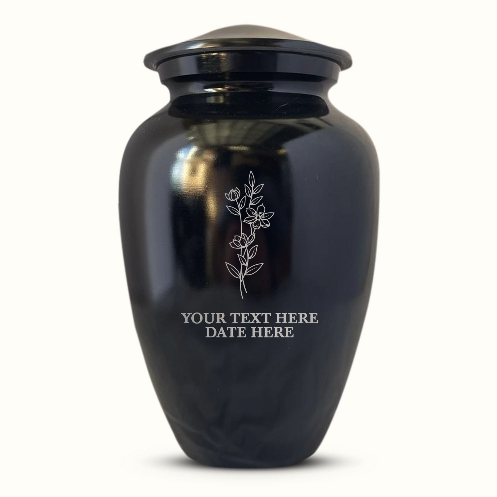 Extra Large Human Cremation Urn For Adult Ashes Men & Woman Up to 350 Lbs - Engraved Aluminum Urn with Name & Floral Design - Polished Finish urn for Human Remains | Black