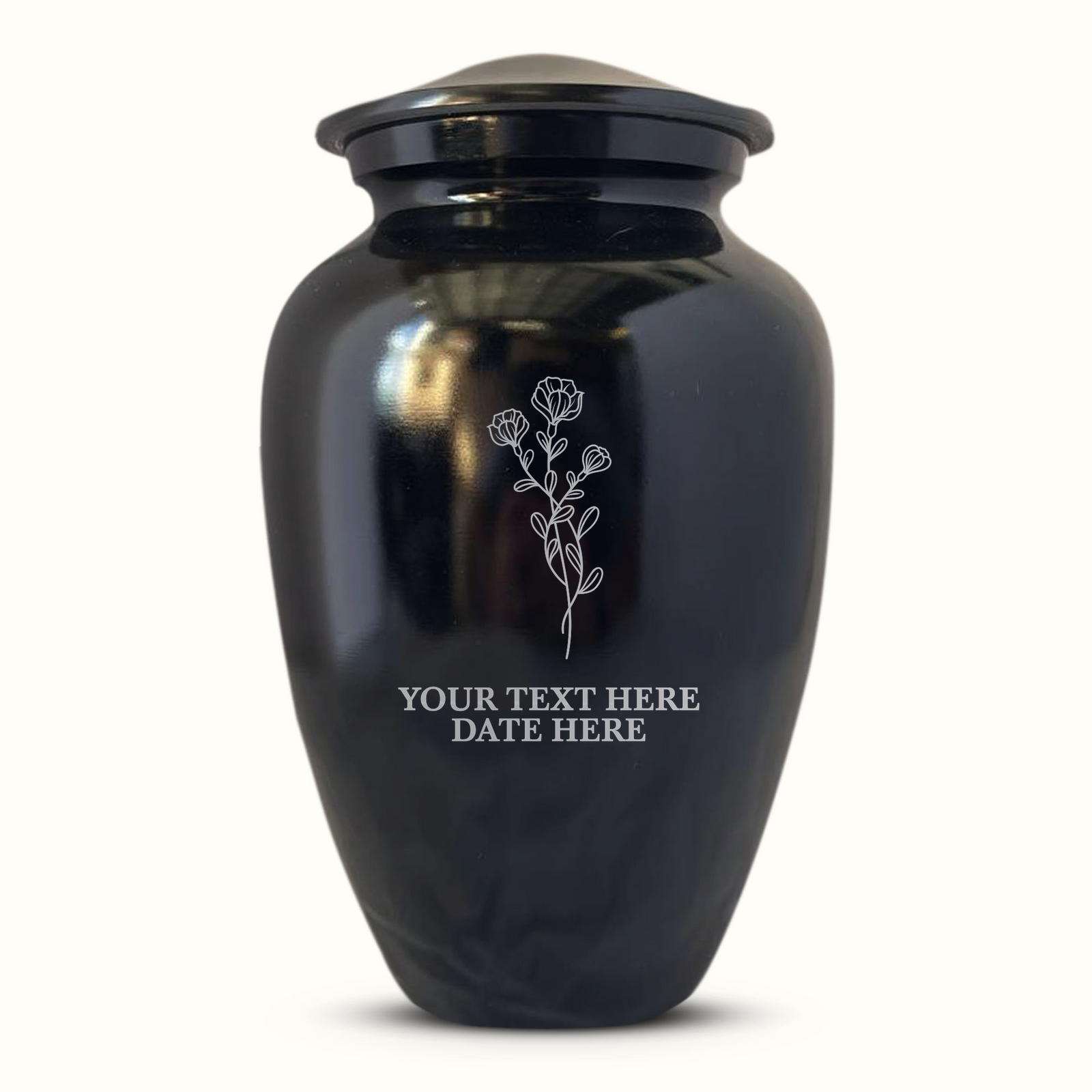 Extra Large Human Cremation Urn For Adult Ashes Men & Woman Up to 350 Lbs - Engraved Aluminum Urn with Name & Floral Design - Polished Finish urn for Human Remains | Black
