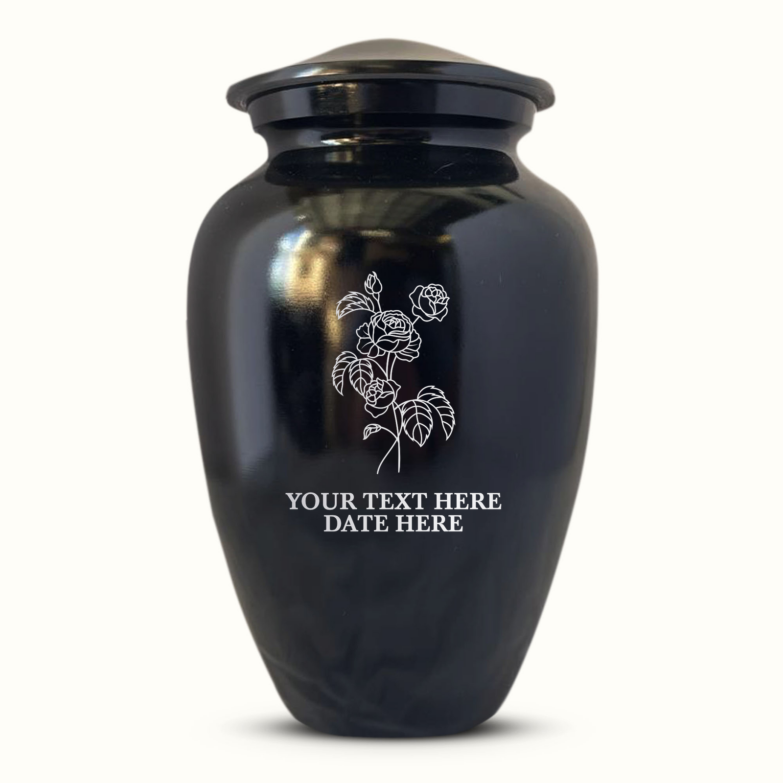 Extra Large Human Cremation Urn For Adult Ashes Men & Woman Up to 350 Lbs - Engraved Aluminum Urn with Name & Floral Design - Polished Finish urn for Human Remains | Black