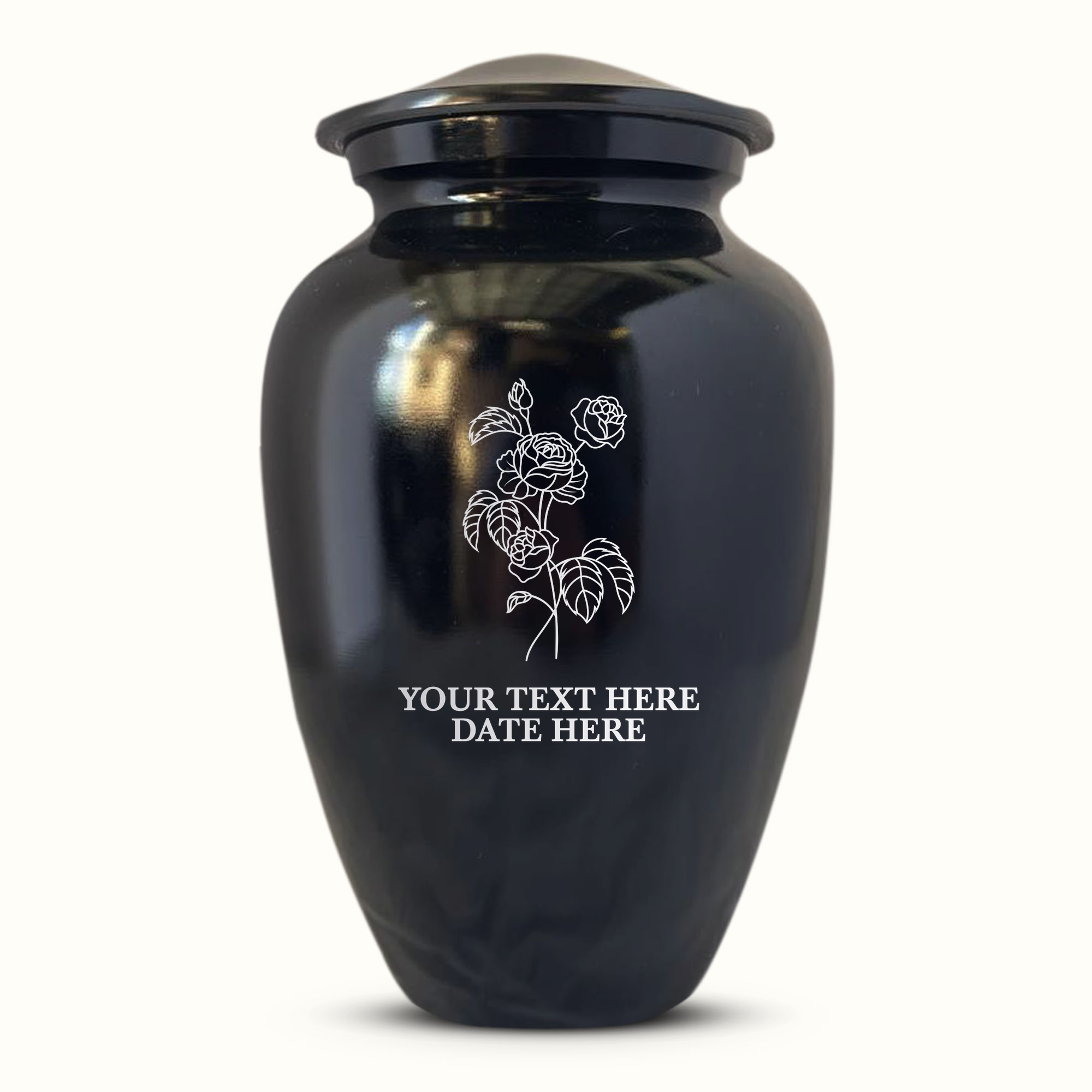 Extra Large Human Cremation Urn For Adult Ashes Men & Woman Up to 350 Lbs - Engraved Aluminum Urn with Name & Floral Design - Polished Finish urn for Human Remains | Black