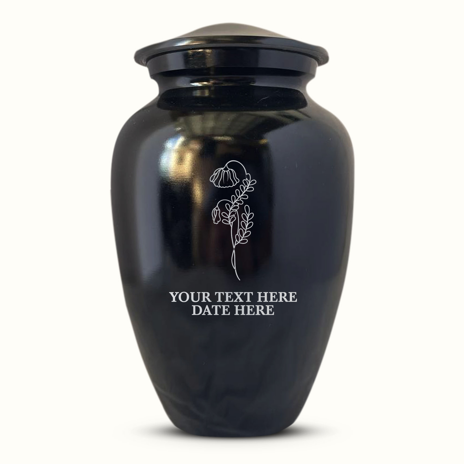 Extra Large Human Cremation Urn For Adult Ashes Men & Woman Up to 350 Lbs - Engraved Aluminum Urn with Name & Floral Design - Polished Finish urn for Human Remains | Black