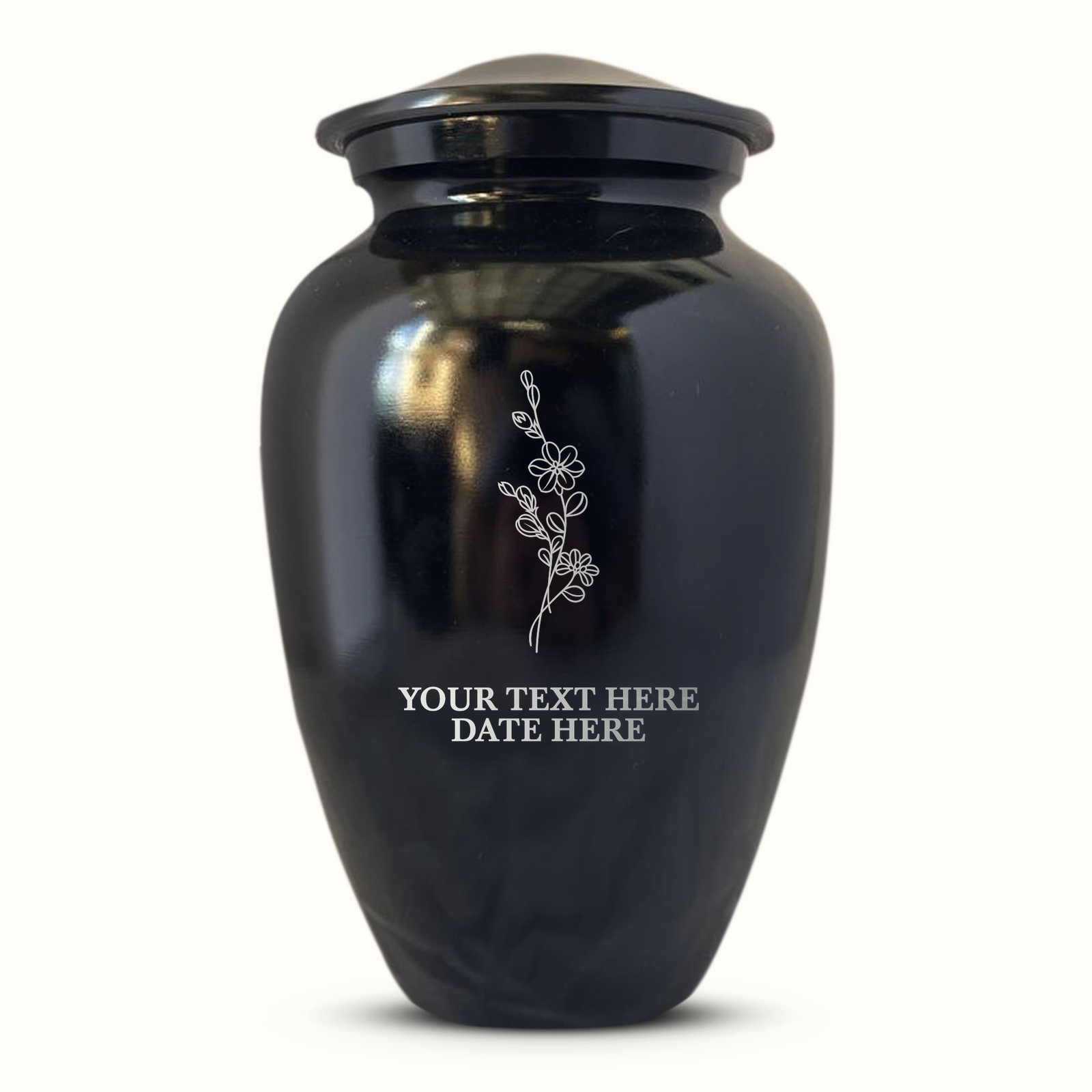 Extra Large Human Cremation Urn For Adult Ashes Men & Woman Up to 350 Lbs - Engraved Aluminum Urn with Name & Floral Design - Polished Finish urn for Human Remains | Black