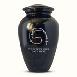 Extra Large Human Cremation Urn For Adult Ashes Men & Woman Up to 350 Lbs - Engraved Aluminum Urn with Name & Rosary Design - Polished Finish urn for Human Remains | Black