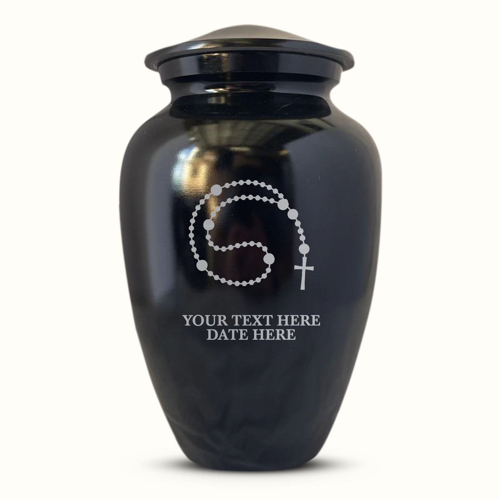 Extra Large Human Cremation Urn For Adult Ashes Men & Woman Up to 350 Lbs - Engraved Aluminum Urn with Name & Rosary Design - Polished Finish urn for Human Remains | Black