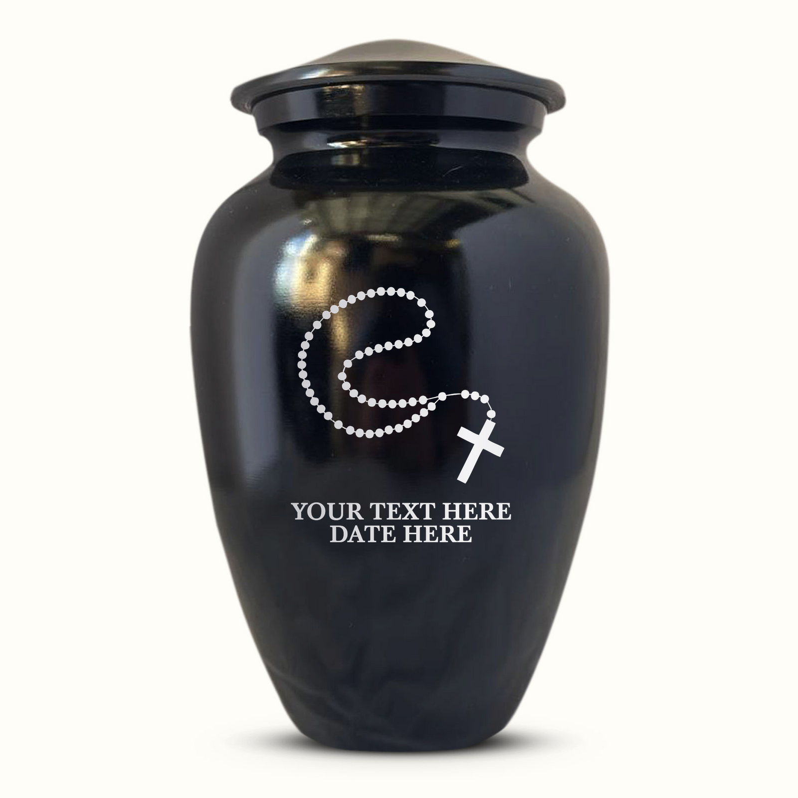 Extra Large Human Cremation Urn For Adult Ashes Men & Woman Up to 350 Lbs - Engraved Aluminum Urn with Name & Rosary Design - Polished Finish urn for Human Remains | Black