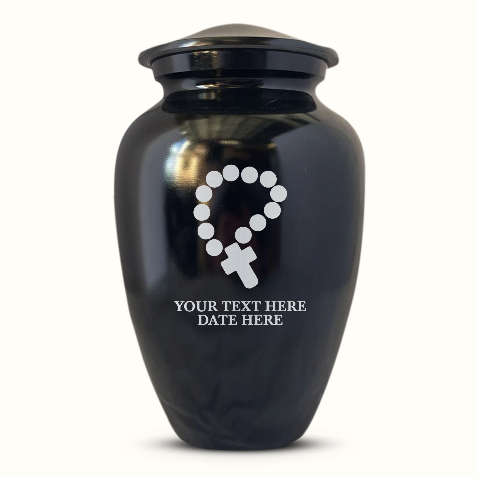 Extra Large Human Cremation Urn For Adult Ashes Men & Woman Up to 350 Lbs - Engraved Aluminum Urn with Name & Rosary Design - Polished Finish urn for Human Remains | Black