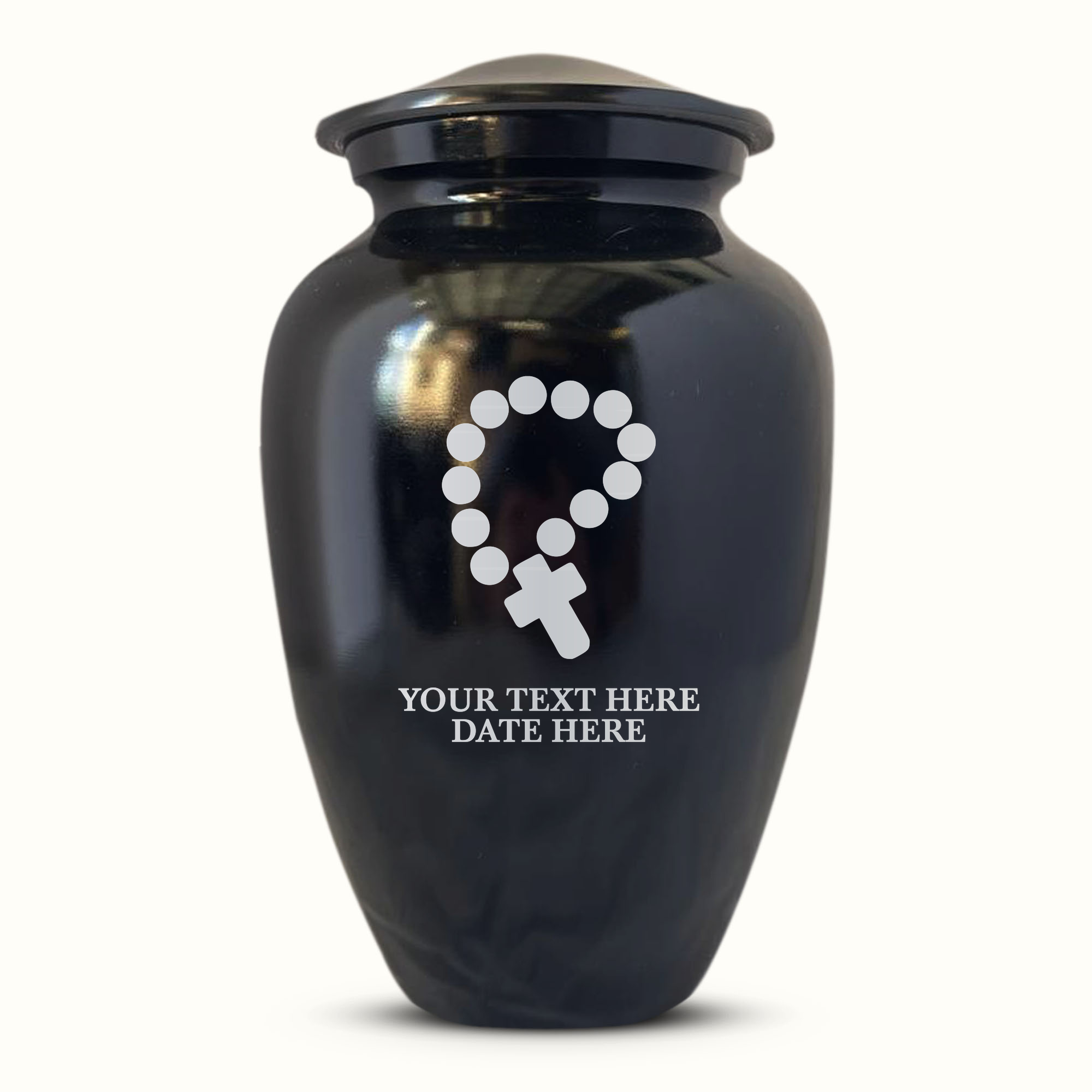 Extra Large Human Cremation Urn For Adult Ashes Men & Woman Up to 350 Lbs - Engraved Aluminum Urn with Name & Rosary Design - Polished Finish urn for Human Remains | Black