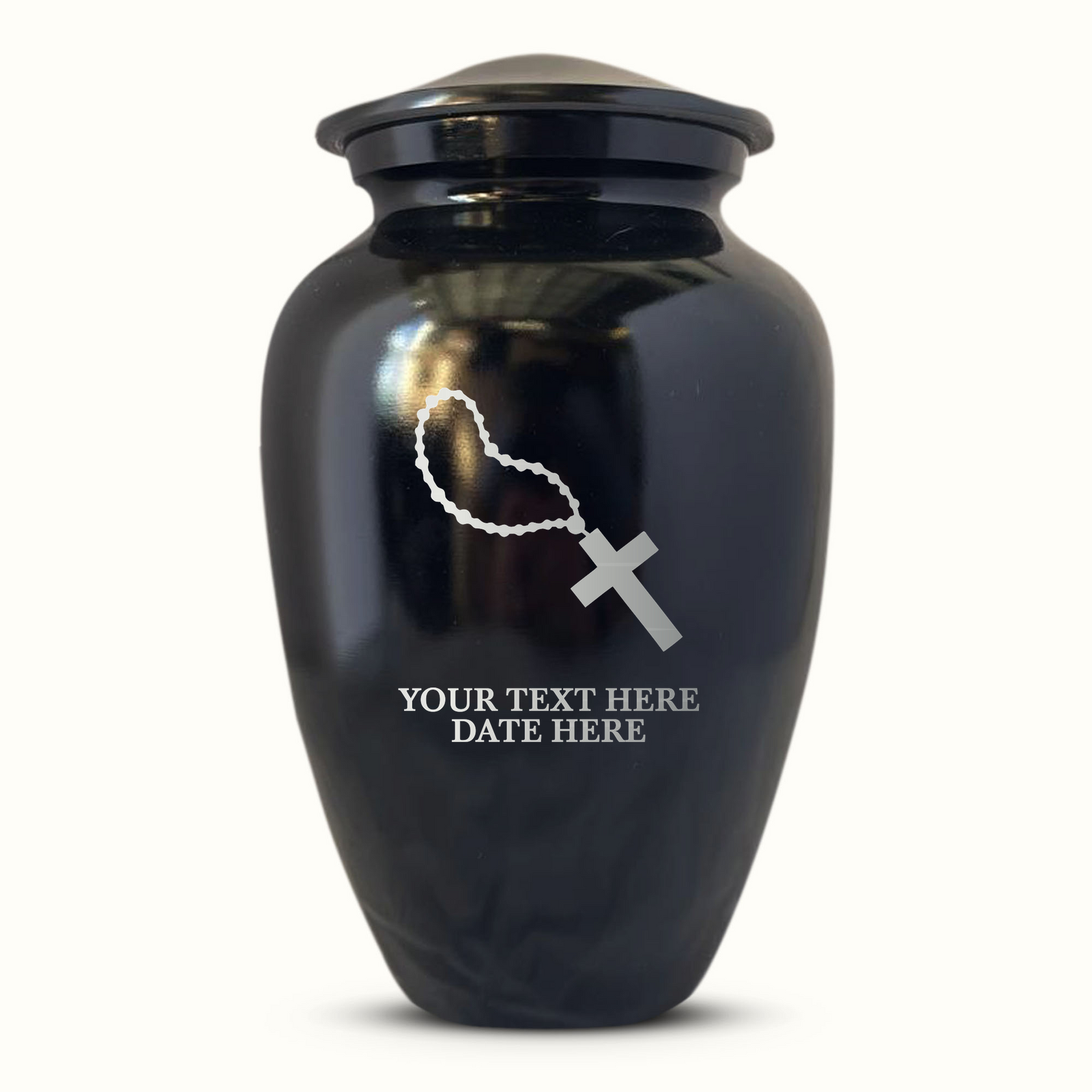 Extra Large Human Cremation Urn For Adult Ashes Men & Woman Up to 350 Lbs - Engraved Aluminum Urn with Name & Rosary Design - Polished Finish urn for Human Remains | Black