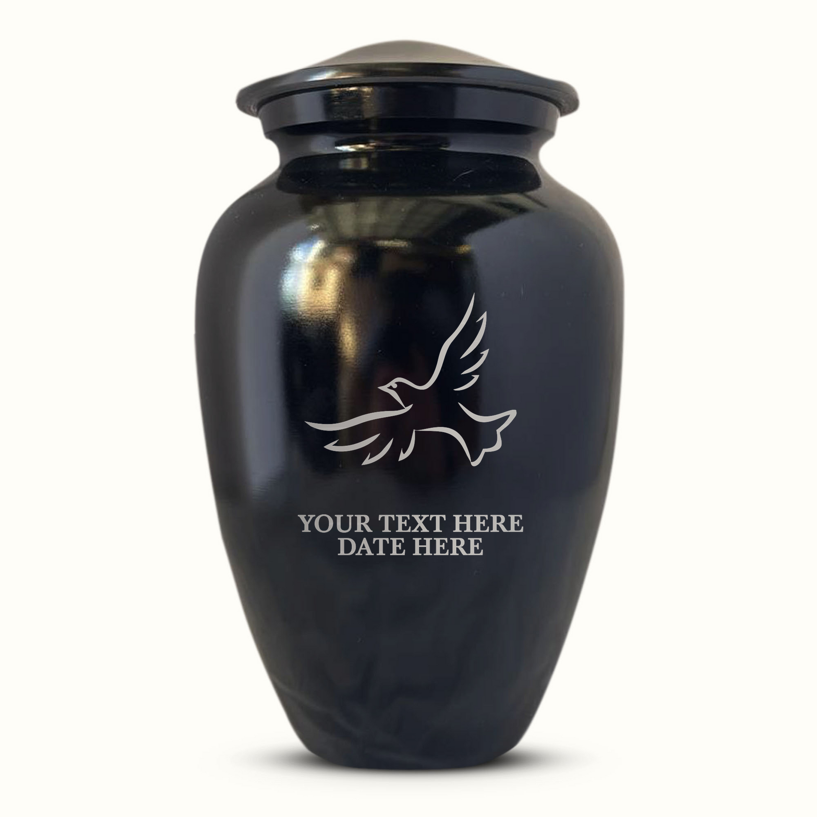 Extra Large Human Cremation Urn For Adult Ashes Men & Woman Up to 350 Lbs - Engraved Aluminum Urn with Name & Dove Design - Polished Finish urn for Human Remains | Black