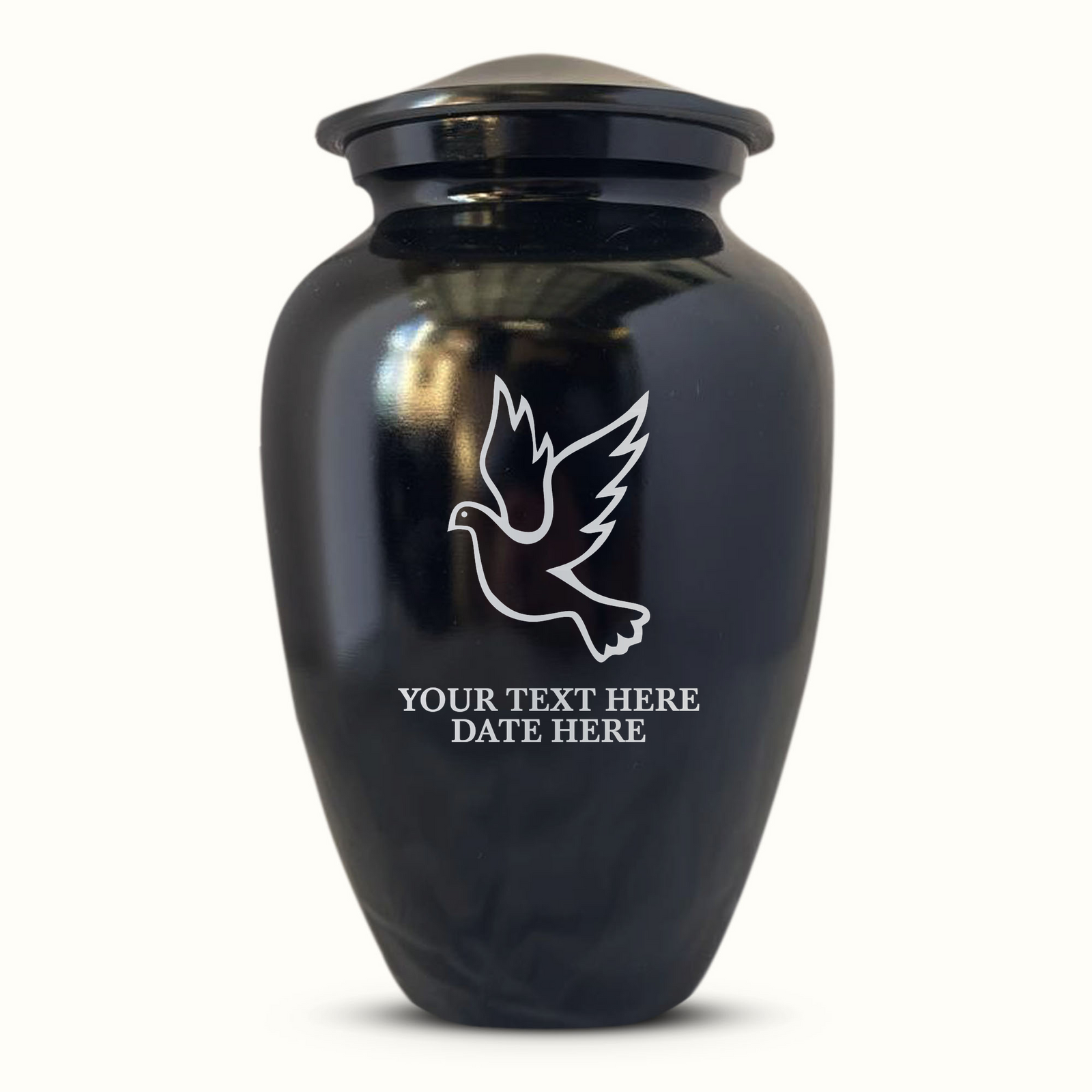 Extra Large Human Cremation Urn For Adult Ashes Men & Woman Up to 350 Lbs - Engraved Aluminum Urn with Name & Dove Design - Polished Finish urn for Human Remains | Black