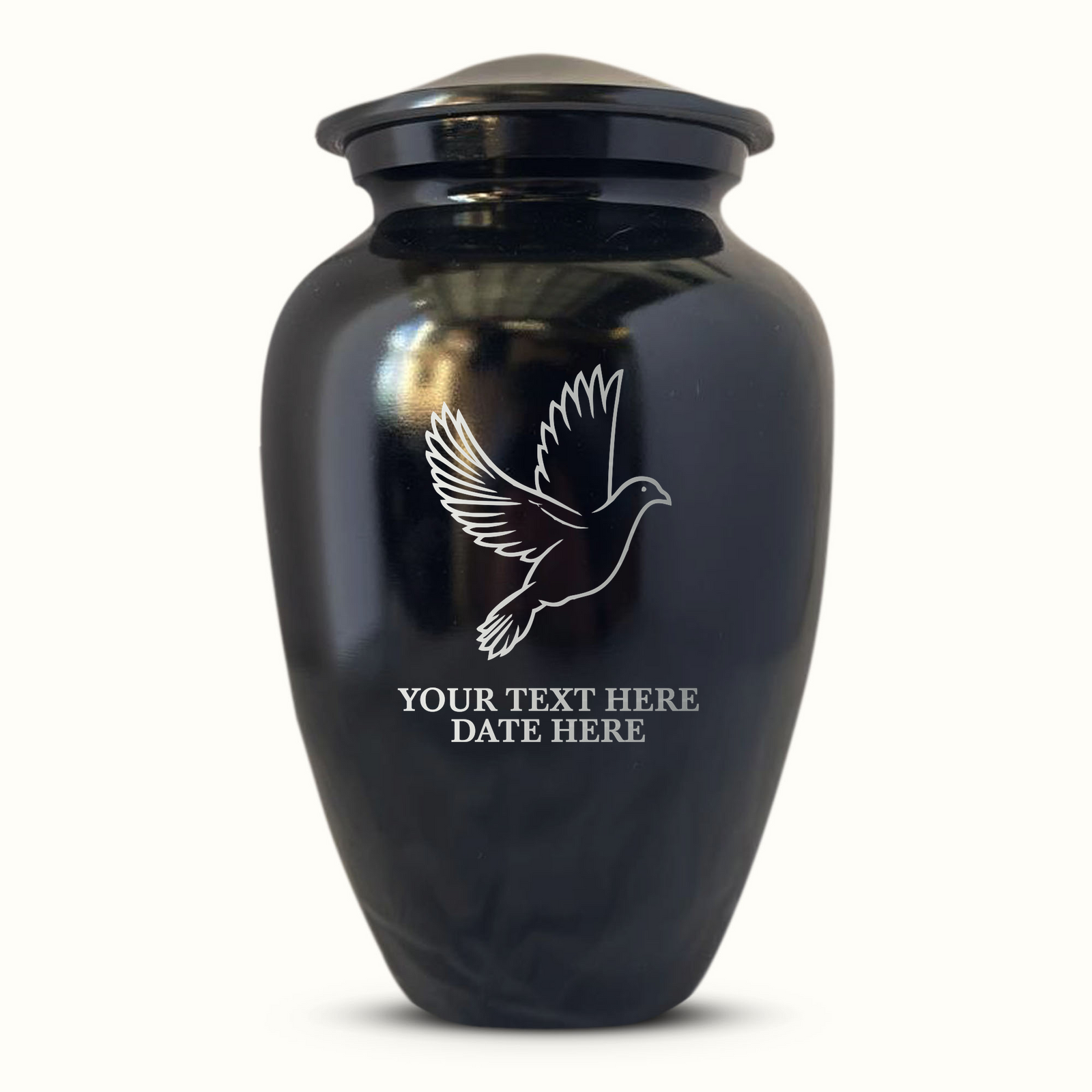 Extra Large Human Cremation Urn For Adult Ashes Men & Woman Up to 350 Lbs - Engraved Aluminum Urn with Name & Dove Design - Polished Finish urn for Human Remains | Black