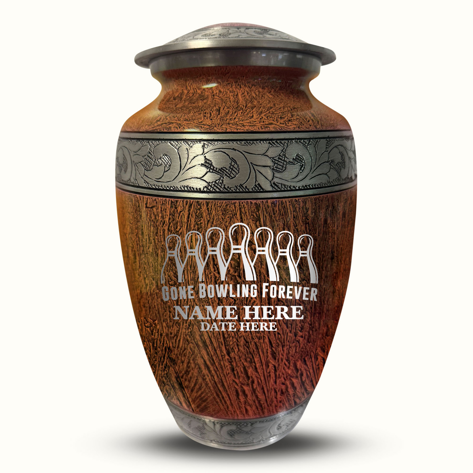 Custom Aluminum Human Urn - Elevate Collection - Funny Bowling Design - Distressed Finish - 200 Cubic Inch