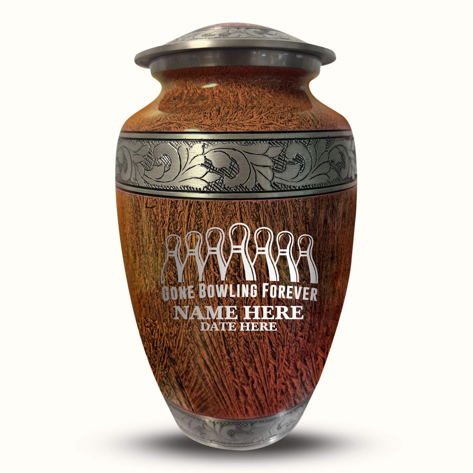 Custom Large Cremation Urn for Human Ashes - Elevate Collection - Funny Bowling Design - Distressed Finish - 200 Cubic Inch