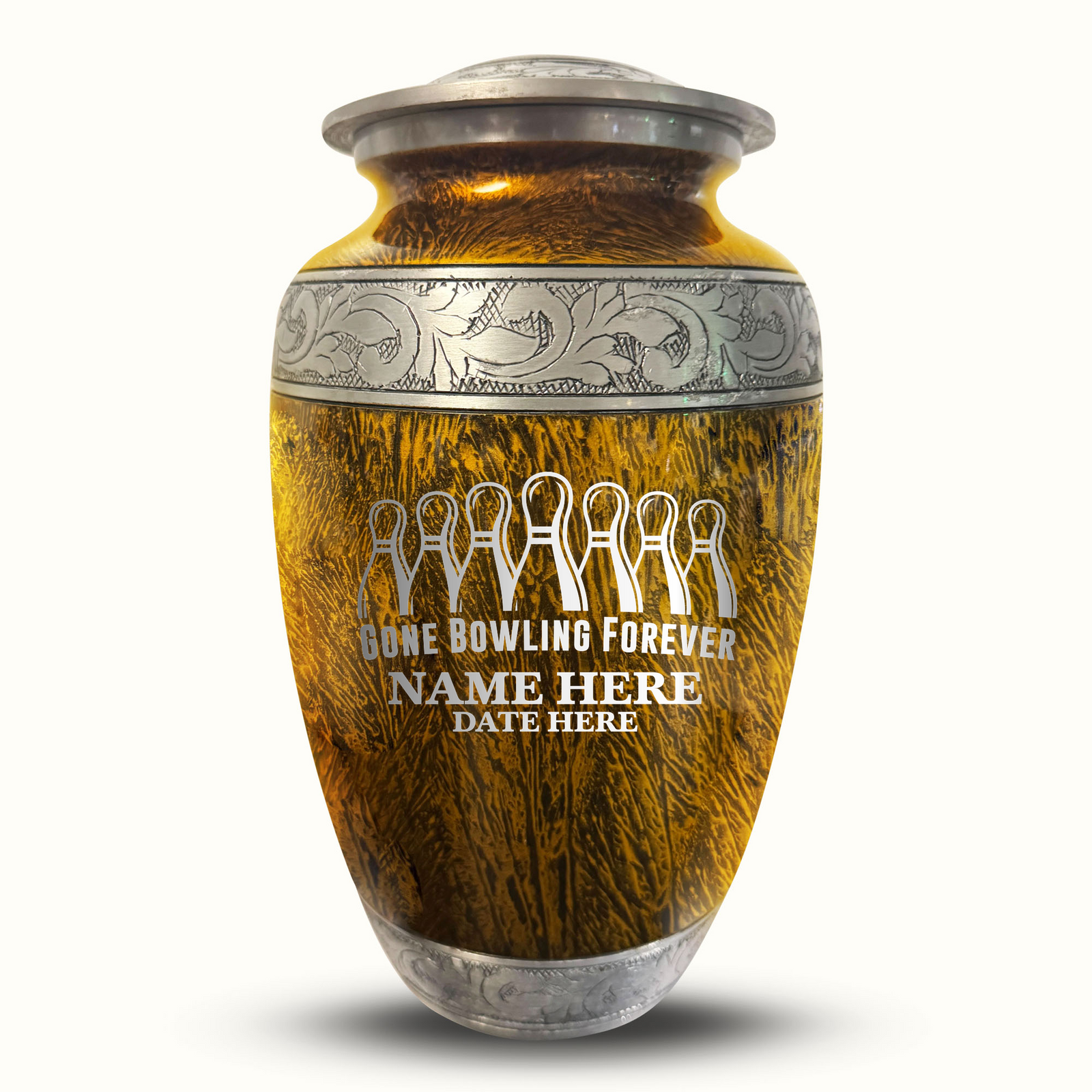 Custom Aluminum Human Urn - Elevate Collection - Funny Bowling Design - Distressed Finish - 200 Cubic Inch