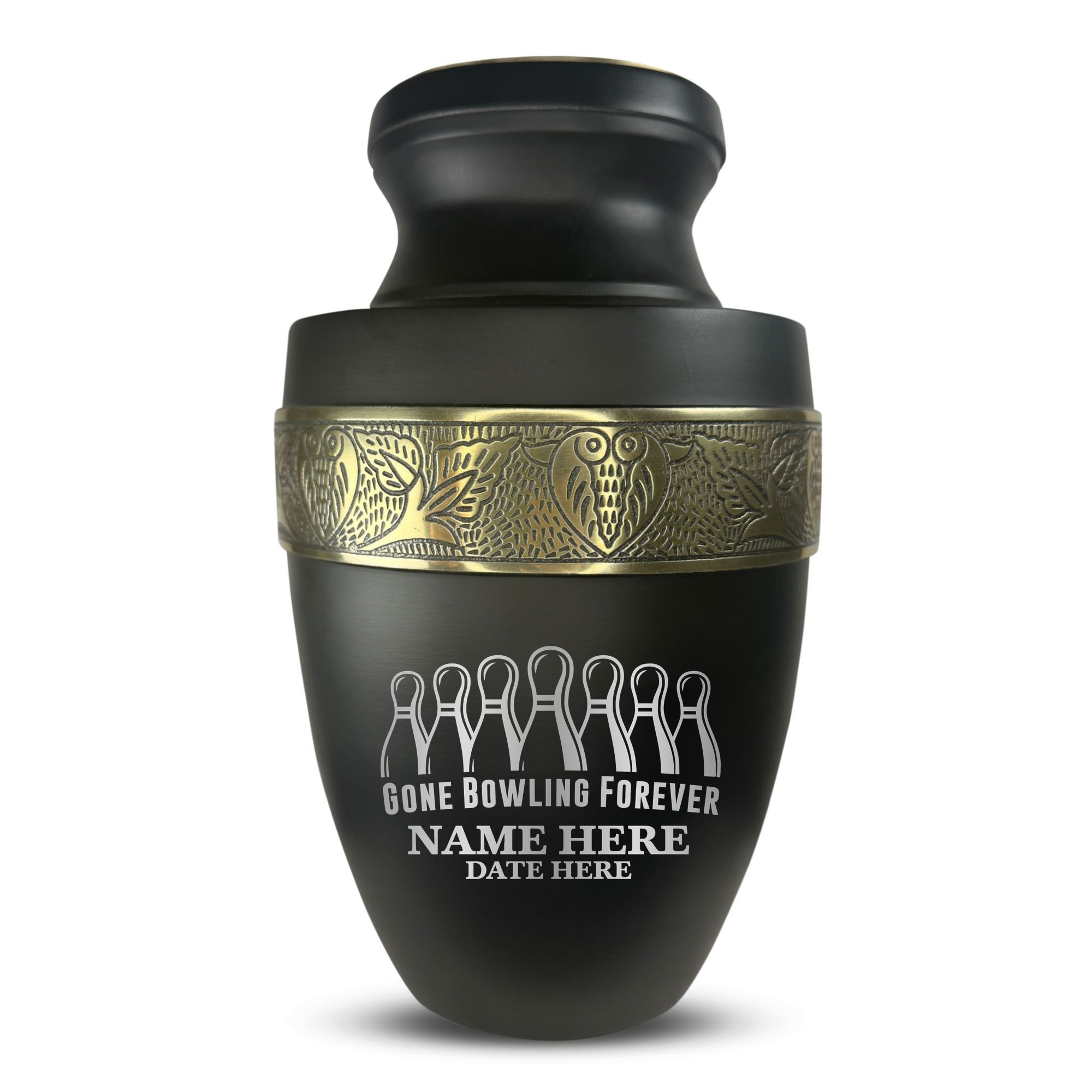 Elite Human Cremation Urn - 200 Cubic Inch - Aluminum with Gold Inlay | Gone Bowling Tribute
