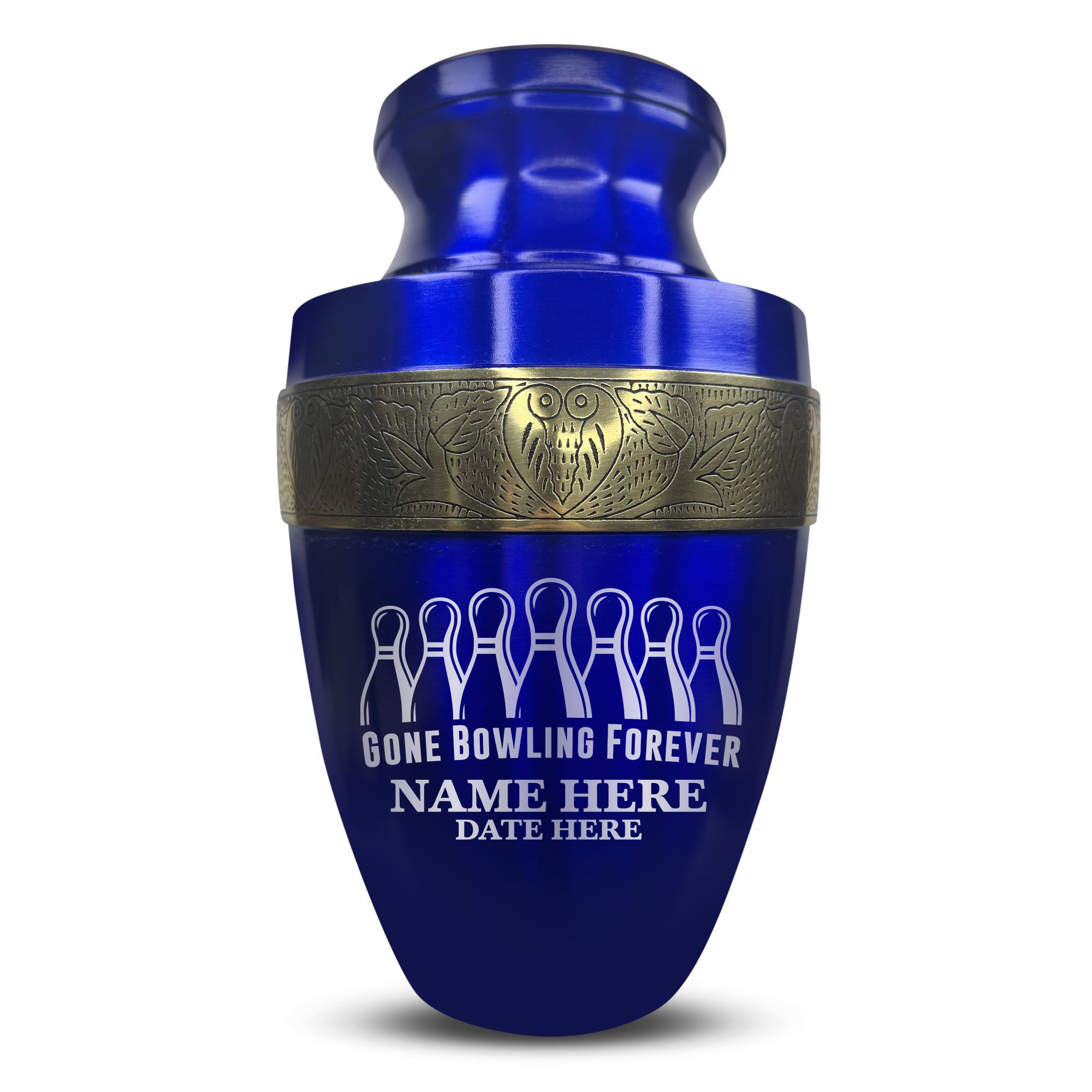 Elite Human Cremation Urn - 200 Cubic Inch - Aluminum with Gold Inlay | Gone Bowling Tribute