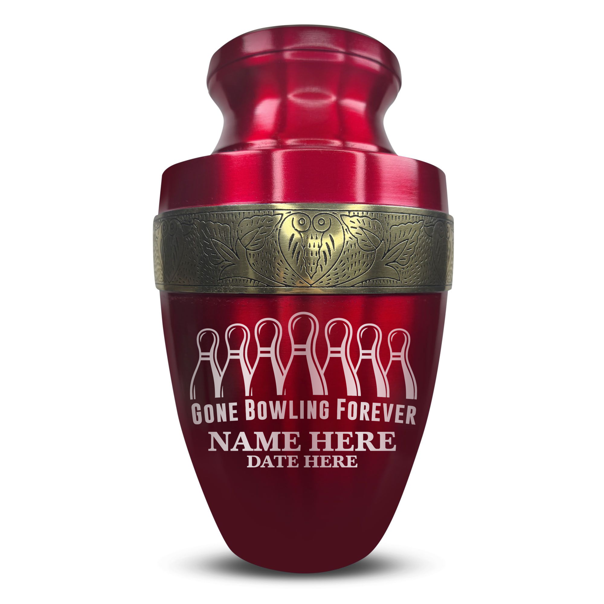 Elite Human Cremation Urn - 200 Cubic Inch - Aluminum with Gold Inlay | Gone Bowling Tribute
