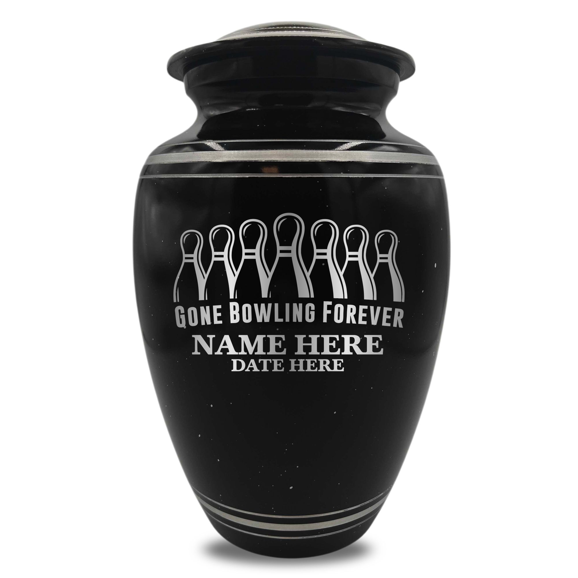 Spotted Black Aluminum with Silver Rim Human Cremation Urn - 200 Cubic Inch | Gone Bowling Tribute