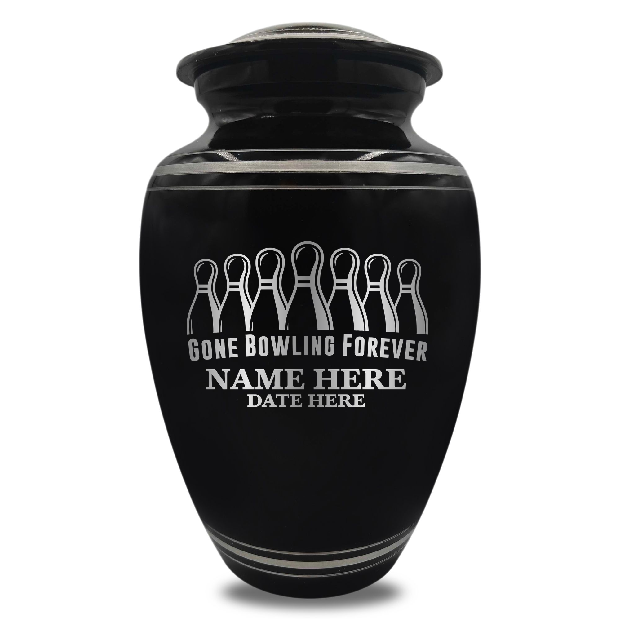 Polished Aluminum with Silver Rim Human Cremation Urn - 200 Cubic Inch | Gone Bowling Tribute
